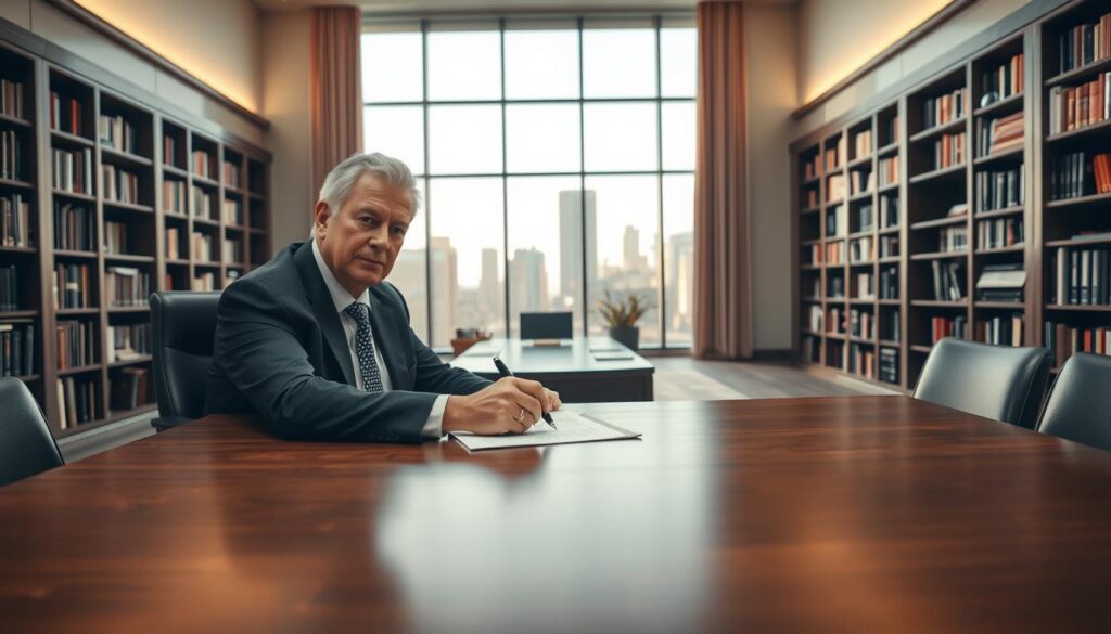 A well-lit office interior, with a large wooden desk in the foreground. A middle-aged person in formal attire sits at the desk, signing documents with a pen. In the background, a large window overlooking a city skyline provides natural lighting. Rows of bookshelves line the walls, creating a professional, authoritative atmosphere. The scene conveys the process of completing a real estate transaction, with a sense of seriousness and attention to detail. A well-lit office interior, with a large wooden desk in the foreground. A middle-aged person in formal attire sits at the desk, signing documents with a pen. In the background, a large window overlooking a city skyline provides natural lighting. Rows of bookshelves line the walls, creating a professional, authoritative atmosphere. The scene conveys the process of completing a real estate transaction, with a sense of seriousness and attention to detail.