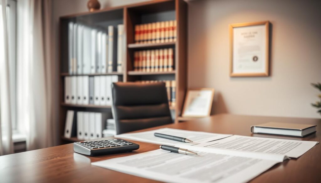 A well-lit professional office setting, with a modern desk and chair in the foreground. On the desk, various legal documents, a pen, and a calculator, symbolizing the financial and legal requirements for a guarantor. In the background, a bookshelf filled with law books, and a framed certificate or diploma on the wall, conveying the importance of legal expertise. The lighting is warm and inviting, creating a sense of professionalism and seriousness. The overall atmosphere suggests the careful consideration and attention to detail required when fulfilling the legal obligations of a guarantor. A well-lit professional office setting, with a modern desk and chair in the foreground. On the desk, various legal documents, a pen, and a calculator, symbolizing the financial and legal requirements for a guarantor. In the background, a bookshelf filled with law books, and a framed certificate or diploma on the wall, conveying the importance of legal expertise. The lighting is warm and inviting, creating a sense of professionalism and seriousness. The overall atmosphere suggests the careful consideration and attention to detail required when fulfilling the legal obligations of a guarantor.