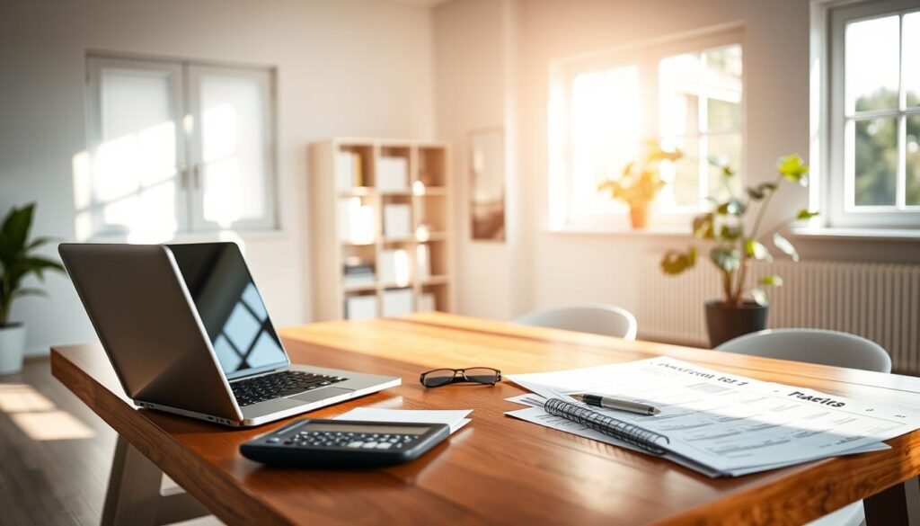 A well-lit, spacious home office with a wooden desk, a laptop, a calculator, and financial documents neatly arranged. Sunlight streams through large windows, casting a warm glow on the scene. In the background, a minimalist bookshelf and a potted plant add a touch of greenery. The overall atmosphere conveys a sense of organization, productivity, and careful financial planning, reflecting the topic of "Definindo Seu Orçamento para Compra de Imóvel". A well-lit, spacious home office with a wooden desk, a laptop, a calculator, and financial documents neatly arranged. Sunlight streams through large windows, casting a warm glow on the scene. In the background, a minimalist bookshelf and a potted plant add a touch of greenery. The overall atmosphere conveys a sense of organization, productivity, and careful financial planning, reflecting the topic of "Definindo Seu Orçamento para Compra de Imóvel".
