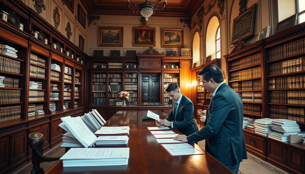 A well-lit, spacious interior of a bustling cartório (notary office) in Brazil, with a large wooden counter and rows of shelves filled with legal documents. A professional, suited notary stands behind the counter, assisting a couple as they review and sign papers related to a property transaction. The room has a sense of formality and authority, with ornate architectural details and a dignified, serious atmosphere. Soft, warm lighting illuminates the scene, casting a golden glow and highlighting the importance of the legal processes taking place. The image conveys the seriousness and significance of the property transfer documentation. A well-lit, spacious interior of a bustling cartório (notary office) in Brazil, with a large wooden counter and rows of shelves filled with legal documents. A professional, suited notary stands behind the counter, assisting a couple as they review and sign papers related to a property transaction. The room has a sense of formality and authority, with ornate architectural details and a dignified, serious atmosphere. Soft, warm lighting illuminates the scene, casting a golden glow and highlighting the importance of the legal processes taking place. The image conveys the seriousness and significance of the property transfer documentation.