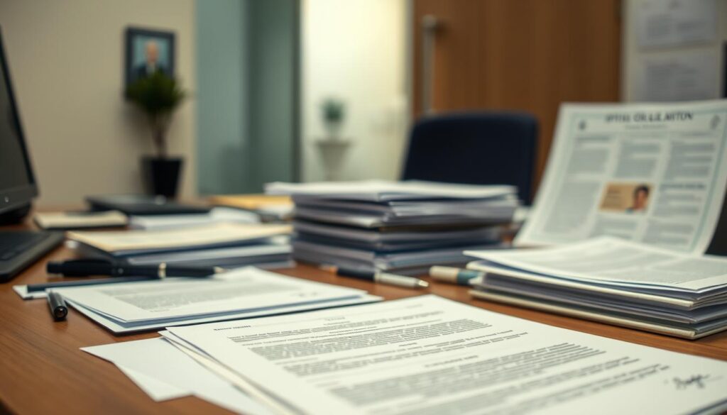 A well-organized desk displaying an assortment of necessary documents, including official paperwork, legal forms, and identification cards, all neatly arranged under soft, diffused lighting. The foreground focuses on the documents, while the background is blurred, creating a sense of focus and attention to detail. The overall atmosphere conveys a professional and organized approach to handling important legal and administrative matters, reflecting the subject of transferring IPTU ownership due to inheritance. A well-organized desk displaying an assortment of necessary documents, including official paperwork, legal forms, and identification cards, all neatly arranged under soft, diffused lighting. The foreground focuses on the documents, while the background is blurred, creating a sense of focus and attention to detail. The overall atmosphere conveys a professional and organized approach to handling important legal and administrative matters, reflecting the subject of transferring IPTU ownership due to inheritance.