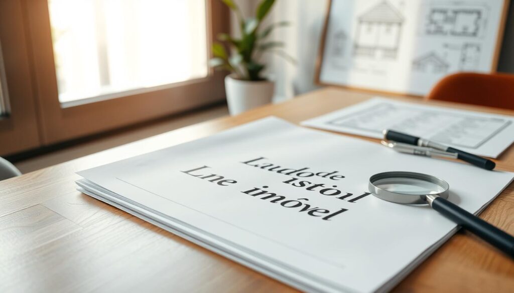 A well-organized real estate inspection report lies open on a wooden desk, illuminated by soft, natural light filtering through a large window. The report's cover features the title "Laudo de Vistoria Imóvel" in an elegant serif font, conveying professionalism and attention to detail. Beside it, a trustworthy-looking inspector's pen and a magnifying glass hint at the meticulous examination of the property. In the background, a potted plant and a framed architectural blueprint suggest the comprehensive nature of the assessment. The overall mood is one of diligence, expertise, and a commitment to providing a thorough, unbiased evaluation of the real estate. A well-organized real estate inspection report lies open on a wooden desk, illuminated by soft, natural light filtering through a large window. The report's cover features the title "Laudo de Vistoria Imóvel" in an elegant serif font, conveying professionalism and attention to detail. Beside it, a trustworthy-looking inspector's pen and a magnifying glass hint at the meticulous examination of the property. In the background, a potted plant and a framed architectural blueprint suggest the comprehensive nature of the assessment. The overall mood is one of diligence, expertise, and a commitment to providing a thorough, unbiased evaluation of the real estate.