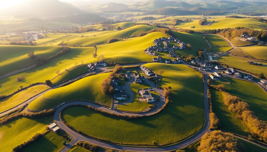 Aerial view of a potential real estate location, captured with a wide-angle lens in soft, natural lighting. The scene depicts a lush, rolling landscape with vibrant green fields, winding roads, and clusters of residential buildings nestled amongst the hills. A sense of tranquility and openness pervades the image, hinting at the factors that contribute to the value of this prime real estate. The composition draws the viewer's eye towards the center, where the most promising development opportunities seem to lie, framed by the surrounding natural beauty. Aerial view of a potential real estate location, captured with a wide-angle lens in soft, natural lighting. The scene depicts a lush, rolling landscape with vibrant green fields, winding roads, and clusters of residential buildings nestled amongst the hills. A sense of tranquility and openness pervades the image, hinting at the factors that contribute to the value of this prime real estate. The composition draws the viewer's eye towards the center, where the most promising development opportunities seem to lie, framed by the surrounding natural beauty.