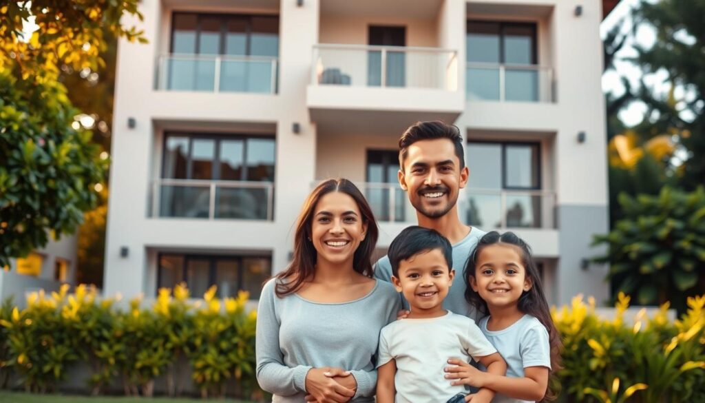 An apartment building with a modern, minimalist design, set against a backdrop of lush greenery. The building's exterior features a neutral color palette, with clean lines and large windows that let in natural light. In the foreground, a family of three - a mother, father, and young child - stand proudly in front of their new home, their faces beaming with joy and a sense of accomplishment. The scene is bathed in warm, golden lighting, creating a cozy and welcoming atmosphere. The overall composition conveys the sense of security, stability, and pride associated with the Minha Casa Minha Vida affordable housing program. An apartment building with a modern, minimalist design, set against a backdrop of lush greenery. The building's exterior features a neutral color palette, with clean lines and large windows that let in natural light. In the foreground, a family of three - a mother, father, and young child - stand proudly in front of their new home, their faces beaming with joy and a sense of accomplishment. The scene is bathed in warm, golden lighting, creating a cozy and welcoming atmosphere. The overall composition conveys the sense of security, stability, and pride associated with the Minha Casa Minha Vida affordable housing program.