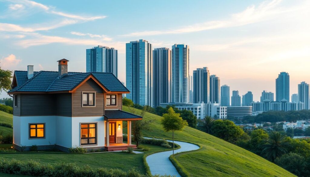 An architectural rendering of a residential property exchange, or "permuta imóveis", set against a backdrop of a modern cityscape. The foreground depicts two houses in a side-by-side configuration, their facades subtly different in design, suggesting a potential exchange. Warm lighting casts a welcoming glow, while the middle ground features lush greenery and a winding path, symbolizing the process of the exchange. In the background, a skyline of sleek high-rise buildings and clear blue skies convey a sense of security, legality, and the professionalism of the real estate transaction. The overall composition evokes a harmonious, mutually beneficial real estate exchange between two property owners. An architectural rendering of a residential property exchange, or "permuta imóveis", set against a backdrop of a modern cityscape. The foreground depicts two houses in a side-by-side configuration, their facades subtly different in design, suggesting a potential exchange. Warm lighting casts a welcoming glow, while the middle ground features lush greenery and a winding path, symbolizing the process of the exchange. In the background, a skyline of sleek high-rise buildings and clear blue skies convey a sense of security, legality, and the professionalism of the real estate transaction. The overall composition evokes a harmonious, mutually beneficial real estate exchange between two property owners.