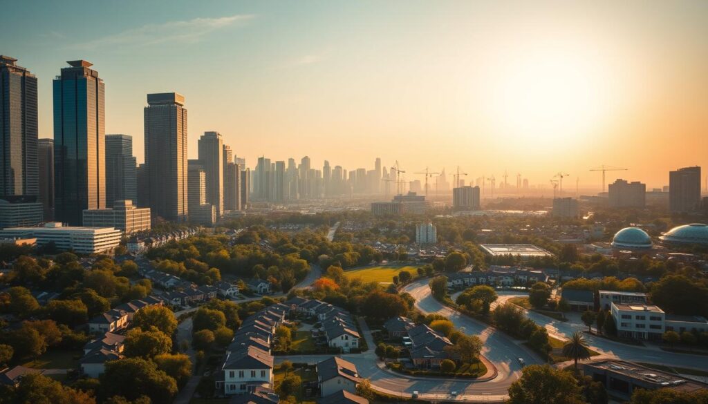 An expansive, modern city skyline with towering skyscrapers and sleek glass facades, bathed in warm, golden hour lighting. In the foreground, a lush, meticulously landscaped residential neighborhood with neatly arranged homes, manicured lawns, and a winding network of streets. The middle ground features a bustling commercial district with trendy shops, cafes, and office buildings. The background showcases the city's growth and development, with cranes dotting the horizon, signaling ongoing construction and real estate expansion. The overall scene conveys a sense of urban prosperity, progress, and the tangible value of prime real estate in a thriving, desirable location. An expansive, modern city skyline with towering skyscrapers and sleek glass facades, bathed in warm, golden hour lighting. In the foreground, a lush, meticulously landscaped residential neighborhood with neatly arranged homes, manicured lawns, and a winding network of streets. The middle ground features a bustling commercial district with trendy shops, cafes, and office buildings. The background showcases the city's growth and development, with cranes dotting the horizon, signaling ongoing construction and real estate expansion. The overall scene conveys a sense of urban prosperity, progress, and the tangible value of prime real estate in a thriving, desirable location.