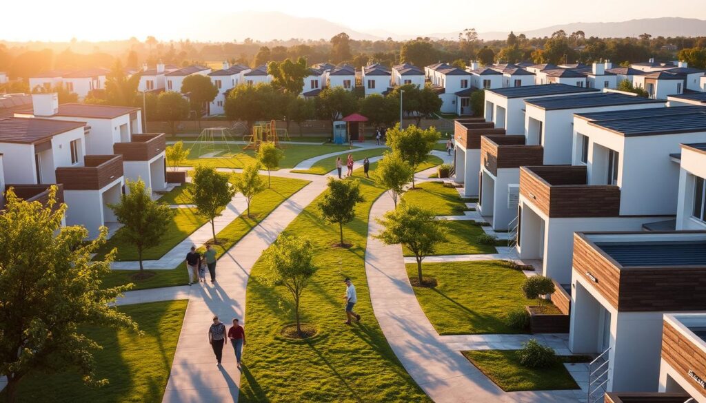 An idyllic housing development with neat rows of modern, two-story homes bathed in warm, golden sunlight. Lush, manicured lawns and verdant trees frame the serene, suburban scene. Families stroll along the sidewalks, enjoying the peaceful atmosphere. In the distance, a playground comes into view, its colorful equipment beckoning children to come and play. The overall impression is one of comfortable, affordable living - a visual representation of the "Minha Casa Minha Vida" program's goal of providing quality, accessible housing for all. An idyllic housing development with neat rows of modern, two-story homes bathed in warm, golden sunlight. Lush, manicured lawns and verdant trees frame the serene, suburban scene. Families stroll along the sidewalks, enjoying the peaceful atmosphere. In the distance, a playground comes into view, its colorful equipment beckoning children to come and play. The overall impression is one of comfortable, affordable living - a visual representation of the "Minha Casa Minha Vida" program's goal of providing quality, accessible housing for all.