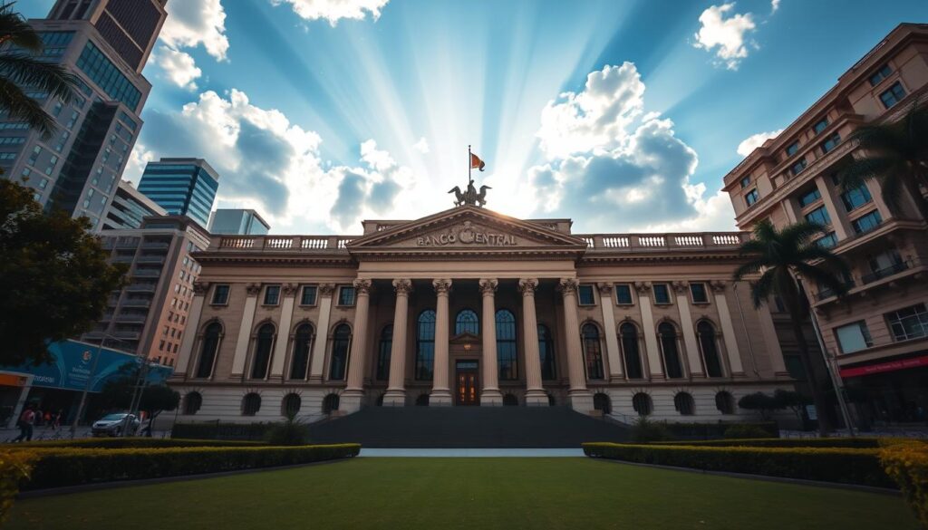 An imposing, grand facade of the Banco Central, the central banking institution of Brazil, standing tall and stately against a backdrop of a bustling urban landscape. The building's neoclassical architecture exudes a sense of authority and stability, with intricate columns, arched windows, and a majestic entrance. Sunlight filters through the clouds, casting warm, golden hues on the building's facade, conveying a sense of power and importance. In the foreground, a well-manicured plaza invites visitors to approach the bank, emphasizing its central role in the country's financial landscape. The overall scene evokes the Banco Central's pivotal position in defining the Selic rate, the key interest rate that shapes the Brazilian real estate market. An imposing, grand facade of the Banco Central, the central banking institution of Brazil, standing tall and stately against a backdrop of a bustling urban landscape. The building's neoclassical architecture exudes a sense of authority and stability, with intricate columns, arched windows, and a majestic entrance. Sunlight filters through the clouds, casting warm, golden hues on the building's facade, conveying a sense of power and importance. In the foreground, a well-manicured plaza invites visitors to approach the bank, emphasizing its central role in the country's financial landscape. The overall scene evokes the Banco Central's pivotal position in defining the Selic rate, the key interest rate that shapes the Brazilian real estate market.