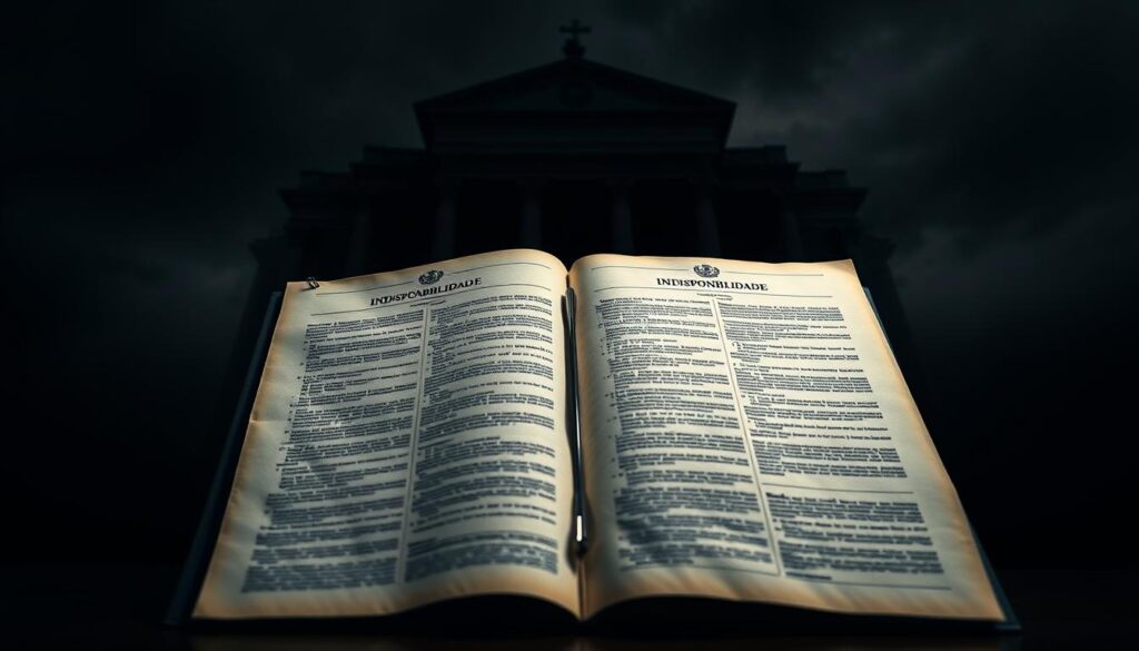 An intricate and imposing legal document, its pages filled with dense text, dominates the center of the frame. The document's seal and official markings signify its significance. In the background, a looming, ominous building - perhaps a government office or courthouse - casts a shadow over the scene, hinting at the gravity and complexity of the "indisponibilidade" issue. The lighting is dramatic, with deep shadows and strong contrasts, creating a sense of weight and solemnity. The overall mood is one of seriousness, bureaucracy, and the formidable power of the legal system. An intricate and imposing legal document, its pages filled with dense text, dominates the center of the frame. The document's seal and official markings signify its significance. In the background, a looming, ominous building - perhaps a government office or courthouse - casts a shadow over the scene, hinting at the gravity and complexity of the "indisponibilidade" issue. The lighting is dramatic, with deep shadows and strong contrasts, creating a sense of weight and solemnity. The overall mood is one of seriousness, bureaucracy, and the formidable power of the legal system.