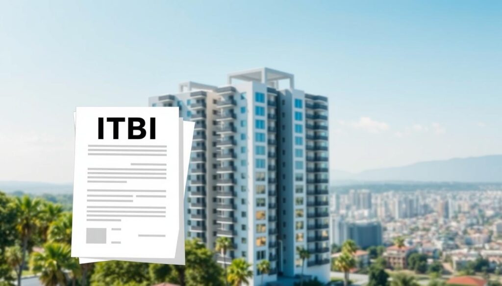 An intricate illustration of the ITBI (Imposto sobre Transmissão de Bens Imóveis), a key tax in the acquisition of real estate in Brazil. Depicted in a clean, architectural style, the image shows a modern residential building set against a bright, sunlit cityscape. The foreground features a simplified, schematic representation of the ITBI paperwork, conveying the document's importance in the home-buying process. The mid-ground showcases the building's sleek, contemporary design, emphasizing the significance of the ITBI in new property transactions. The background panorama suggests the broader urban context, underscoring the ITBI's role in the local real estate market. The overall composition and style aim to visually communicate the concept of the ITBI and its relevance to the article's subject. An intricate illustration of the ITBI (Imposto sobre Transmissão de Bens Imóveis), a key tax in the acquisition of real estate in Brazil. Depicted in a clean, architectural style, the image shows a modern residential building set against a bright, sunlit cityscape. The foreground features a simplified, schematic representation of the ITBI paperwork, conveying the document's importance in the home-buying process. The mid-ground showcases the building's sleek, contemporary design, emphasizing the significance of the ITBI in new property transactions. The background panorama suggests the broader urban context, underscoring the ITBI's role in the local real estate market. The overall composition and style aim to visually communicate the concept of the ITBI and its relevance to the article's subject.
