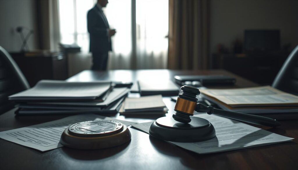 An office desk with scattered legal documents, folders, and a gavel, symbolizing the legal process of asset seizure. In the background, a blurred silhouette of a person stands, representing the individual affected by this financial restriction. The lighting is subdued, casting shadows that convey a sense of uncertainty and unease. The composition emphasizes the centrality of the desk, highlighting the bureaucratic nature of the "indisponibilidade de bens" process. The overall mood is one of tension and disruption, reflecting the impact of this legal measure on an individual's financial affairs. An office desk with scattered legal documents, folders, and a gavel, symbolizing the legal process of asset seizure. In the background, a blurred silhouette of a person stands, representing the individual affected by this financial restriction. The lighting is subdued, casting shadows that convey a sense of uncertainty and unease. The composition emphasizes the centrality of the desk, highlighting the bureaucratic nature of the "indisponibilidade de bens" process. The overall mood is one of tension and disruption, reflecting the impact of this legal measure on an individual's financial affairs.