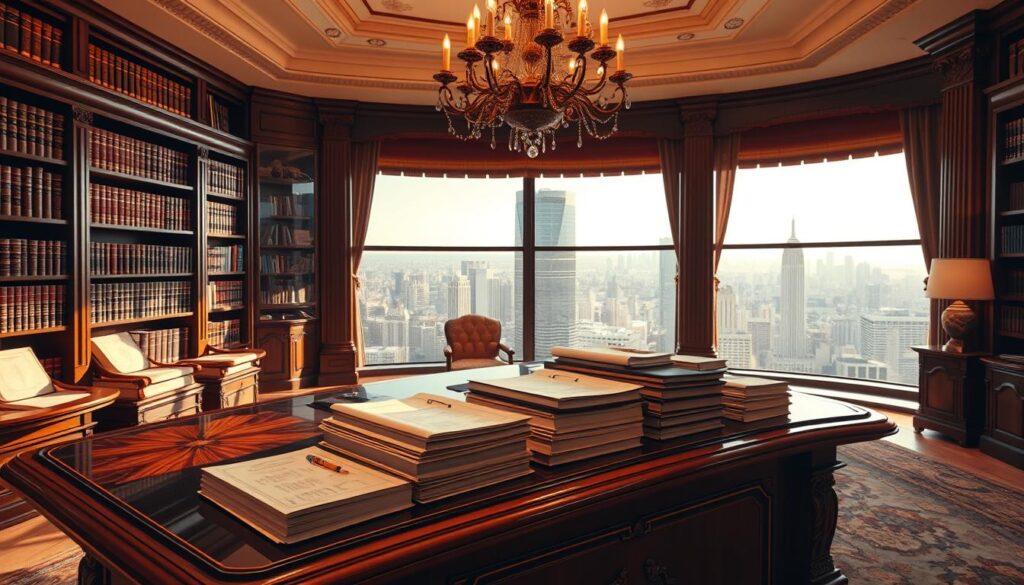 An opulent, well-appointed office interior, illuminated by warm, soft lighting. A large, ornate wooden desk dominates the foreground, its surface covered in neatly stacked documents and ledgers. Leather-bound books line the shelves behind, casting rich, textured shadows. An elegant chandelier hangs overhead, casting a mellow glow. In the background, a panoramic window offers a view of a bustling cityscape, hinting at the high-stakes negotiations and transactions that occur within this space. The overall atmosphere conveys a sense of power, wealth, and the weighing of value - both material and intangible. An opulent, well-appointed office interior, illuminated by warm, soft lighting. A large, ornate wooden desk dominates the foreground, its surface covered in neatly stacked documents and ledgers. Leather-bound books line the shelves behind, casting rich, textured shadows. An elegant chandelier hangs overhead, casting a mellow glow. In the background, a panoramic window offers a view of a bustling cityscape, hinting at the high-stakes negotiations and transactions that occur within this space. The overall atmosphere conveys a sense of power, wealth, and the weighing of value - both material and intangible.
