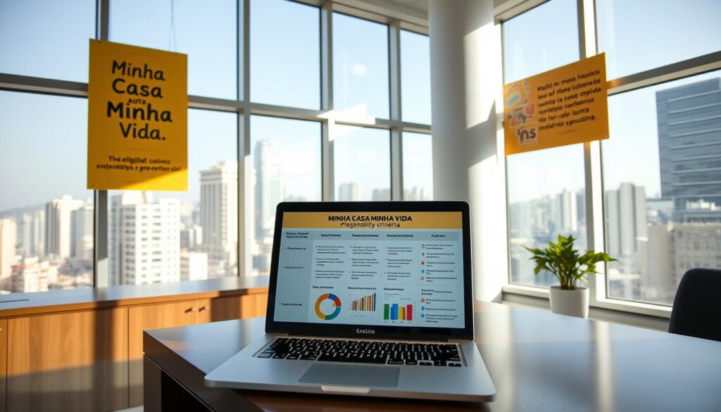 Bright and airy office interior with large windows overlooking a modern cityscape. On the desk, a sleek laptop displays information about Minha Casa Minha Vida eligibility criteria, with colorful charts and graphs. The walls are adorned with inspirational quotes and informative posters highlighting key program details. Sunlight streams in, creating a warm, professional atmosphere conducive to understanding the complex requirements for participating in this government housing initiative. The overall scene conveys a sense of accessible information and helpful guidance for those seeking to qualify for affordable homes. Bright and airy office interior with large windows overlooking a modern cityscape. On the desk, a sleek laptop displays information about Minha Casa Minha Vida eligibility criteria, with colorful charts and graphs. The walls are adorned with inspirational quotes and informative posters highlighting key program details. Sunlight streams in, creating a warm, professional atmosphere conducive to understanding the complex requirements for participating in this government housing initiative. The overall scene conveys a sense of accessible information and helpful guidance for those seeking to qualify for affordable homes.