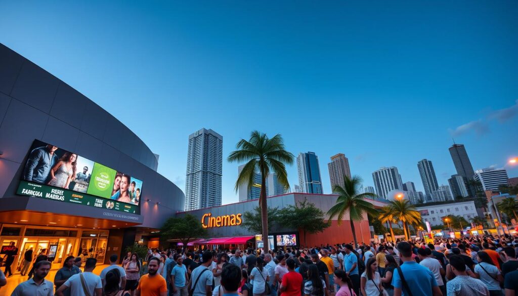 Cinemas in Maringá, a bustling city in Brazil, with a vibrant and diverse movie-going experience. A wide-angle shot showcasing the exterior of a modern multiplex, its sleek facade adorned with neon lights and digital marquees displaying the latest blockbusters. The middle ground features crowds of moviegoers eagerly making their way to the entrance, a mix of families, friends, and film enthusiasts. In the background, the city skyline is visible, with towering skyscrapers and the occasional palm tree swaying gently in the breeze. The lighting is warm and inviting, creating a welcoming atmosphere that captures the excitement and anticipation of a night at the movies. Cinemas in Maringá, a bustling city in Brazil, with a vibrant and diverse movie-going experience. A wide-angle shot showcasing the exterior of a modern multiplex, its sleek facade adorned with neon lights and digital marquees displaying the latest blockbusters. The middle ground features crowds of moviegoers eagerly making their way to the entrance, a mix of families, friends, and film enthusiasts. In the background, the city skyline is visible, with towering skyscrapers and the occasional palm tree swaying gently in the breeze. The lighting is warm and inviting, creating a welcoming atmosphere that captures the excitement and anticipation of a night at the movies.