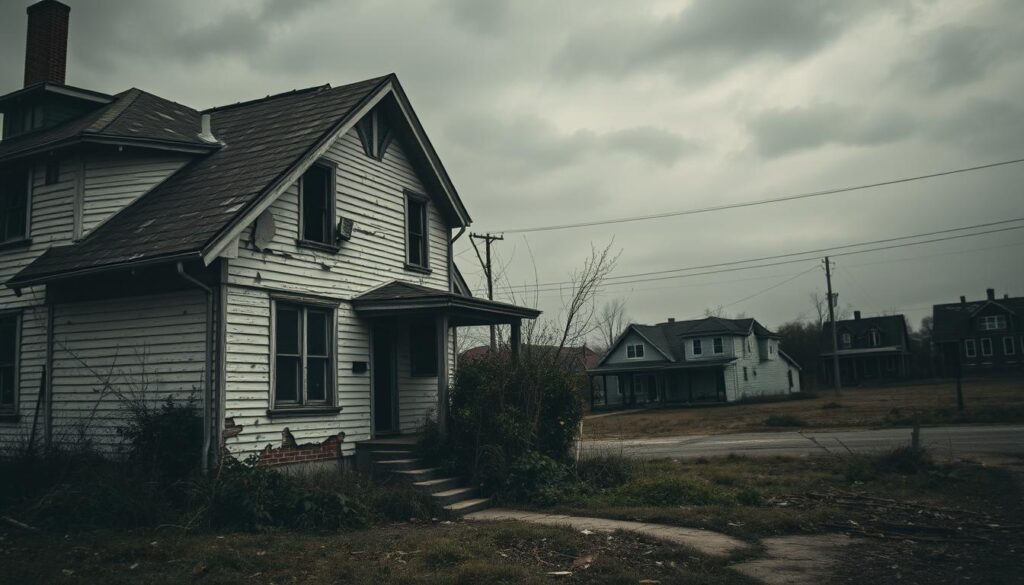 Decreasing property values: a decrepit, dilapidated house with peeling paint, crumbling foundations, and overgrown vegetation, set against a dreary, grey cityscape of abandoned buildings and empty lots. A somber, melancholic atmosphere pervades the scene, conveying the sense of a neighborhood in decline. The image is captured through a slightly tilted, low-angle lens, emphasizing the feelings of hopelessness and neglect. Muted, desaturated colors and dramatic, low-key lighting cast long shadows, creating a sense of gloom and despair. This scene effectively illustrates the factors that can lead to the devaluation of real estate in today's market. Decreasing property values: a decrepit, dilapidated house with peeling paint, crumbling foundations, and overgrown vegetation, set against a dreary, grey cityscape of abandoned buildings and empty lots. A somber, melancholic atmosphere pervades the scene, conveying the sense of a neighborhood in decline. The image is captured through a slightly tilted, low-angle lens, emphasizing the feelings of hopelessness and neglect. Muted, desaturated colors and dramatic, low-key lighting cast long shadows, creating a sense of gloom and despair. This scene effectively illustrates the factors that can lead to the devaluation of real estate in today's market.