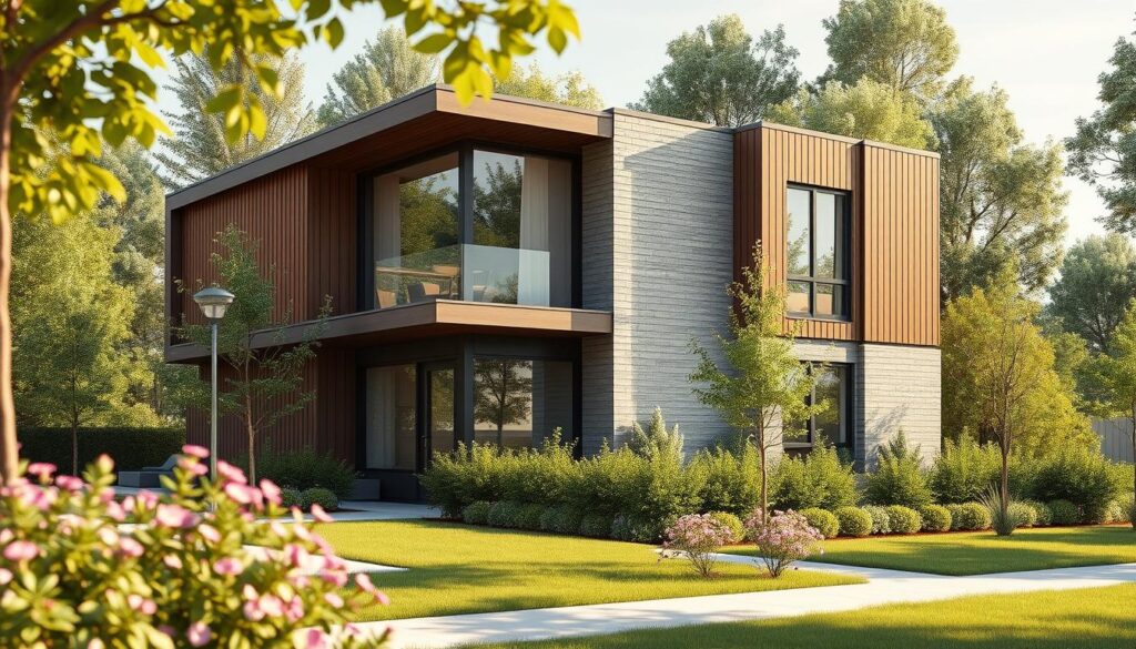 Detailed architectural rendering of a modern two-story residential building with a sleek, contemporary design. The building's exterior is composed of clean lines, large windows, and a mix of materials such as wood, glass, and minimalist metal accents. The scene is set in a lush, verdant environment with well-manicured landscaping, including flowering shrubs and trees. Warm, natural lighting illuminates the scene, creating a sense of tranquility and comfort. The camera angle is positioned to showcase the building's attractive facade and its integration with the surrounding environment, highlighting the advantages of renting a property over owning one. Detailed architectural rendering of a modern two-story residential building with a sleek, contemporary design. The building's exterior is composed of clean lines, large windows, and a mix of materials such as wood, glass, and minimalist metal accents. The scene is set in a lush, verdant environment with well-manicured landscaping, including flowering shrubs and trees. Warm, natural lighting illuminates the scene, creating a sense of tranquility and comfort. The camera angle is positioned to showcase the building's attractive facade and its integration with the surrounding environment, highlighting the advantages of renting a property over owning one.