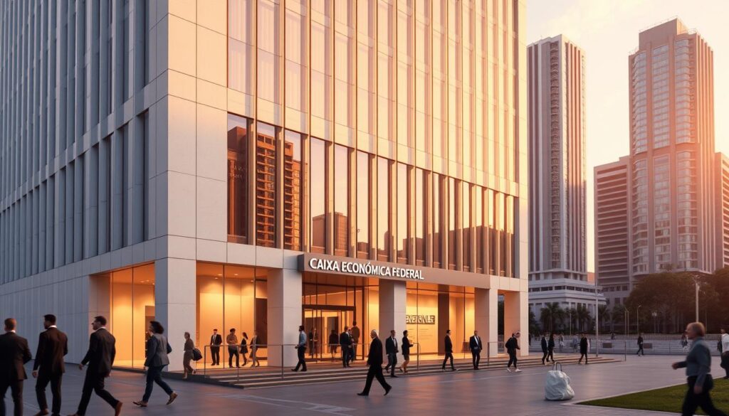 Detailed architectural rendering of the Caixa Econômica Federal building, a prominent financial institution in Brazil. The building is depicted in a warm, golden-hour lighting, with a clean, modern aesthetic. The foreground features well-dressed individuals entering and exiting the building, conveying a sense of professionalism and financial security. The middle ground showcases the building's distinctive facade, with its sleek lines and glass panels reflecting the surrounding environment. The background includes a cityscape with other high-rise structures, suggesting the building's integral role within the urban landscape. The overall scene communicates the reliability, accessibility, and progressive nature of the Caixa Econômica Federal's financial services. Detailed architectural rendering of the Caixa Econômica Federal building, a prominent financial institution in Brazil. The building is depicted in a warm, golden-hour lighting, with a clean, modern aesthetic. The foreground features well-dressed individuals entering and exiting the building, conveying a sense of professionalism and financial security. The middle ground showcases the building's distinctive facade, with its sleek lines and glass panels reflecting the surrounding environment. The background includes a cityscape with other high-rise structures, suggesting the building's integral role within the urban landscape. The overall scene communicates the reliability, accessibility, and progressive nature of the Caixa Econômica Federal's financial services.