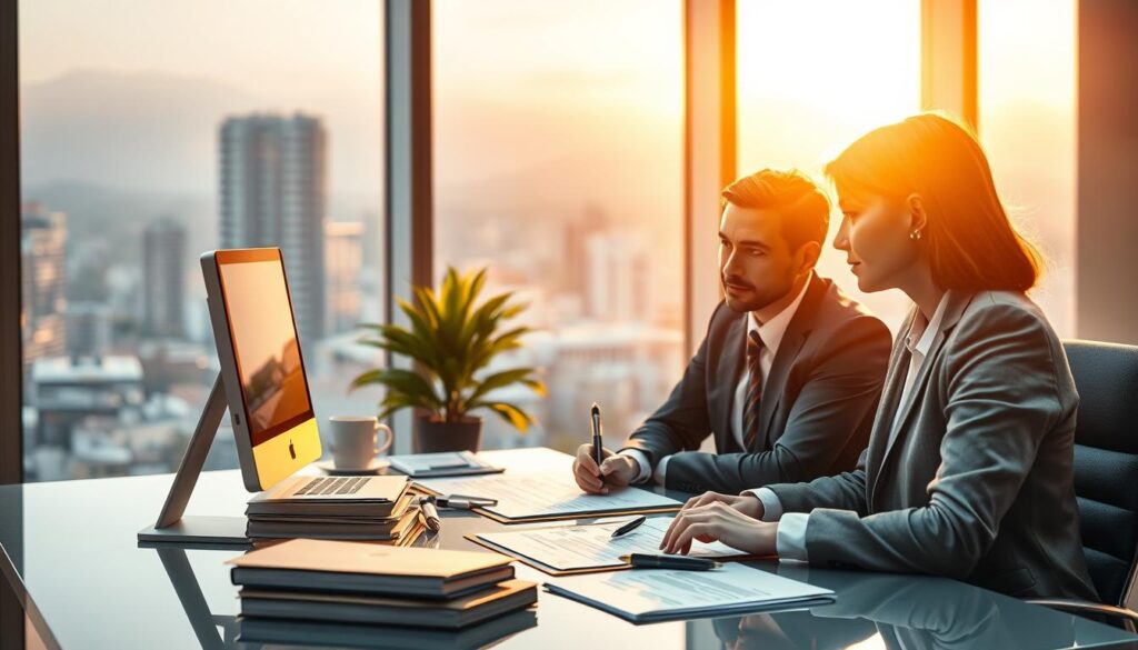 Detailed rendering of a real estate transaction, showcasing the transfer of property ownership. A modern office interior with professional agents at a desk, discussing paperwork and documents. Warm lighting illuminates the scene, creating a sense of trust and legality. In the background, a window overlooks a cityscape, symbolizing the wider real estate market. The agents wear formal attire, projecting an aura of expertise and reliability. The desk is neatly organized, with a computer, pen, and a stack of files, alluding to the administrative aspects of the process. The overall atmosphere conveys the solemnity and importance of the real estate transfer. Detailed rendering of a real estate transaction, showcasing the transfer of property ownership. A modern office interior with professional agents at a desk, discussing paperwork and documents. Warm lighting illuminates the scene, creating a sense of trust and legality. In the background, a window overlooks a cityscape, symbolizing the wider real estate market. The agents wear formal attire, projecting an aura of expertise and reliability. The desk is neatly organized, with a computer, pen, and a stack of files, alluding to the administrative aspects of the process. The overall atmosphere conveys the solemnity and importance of the real estate transfer.