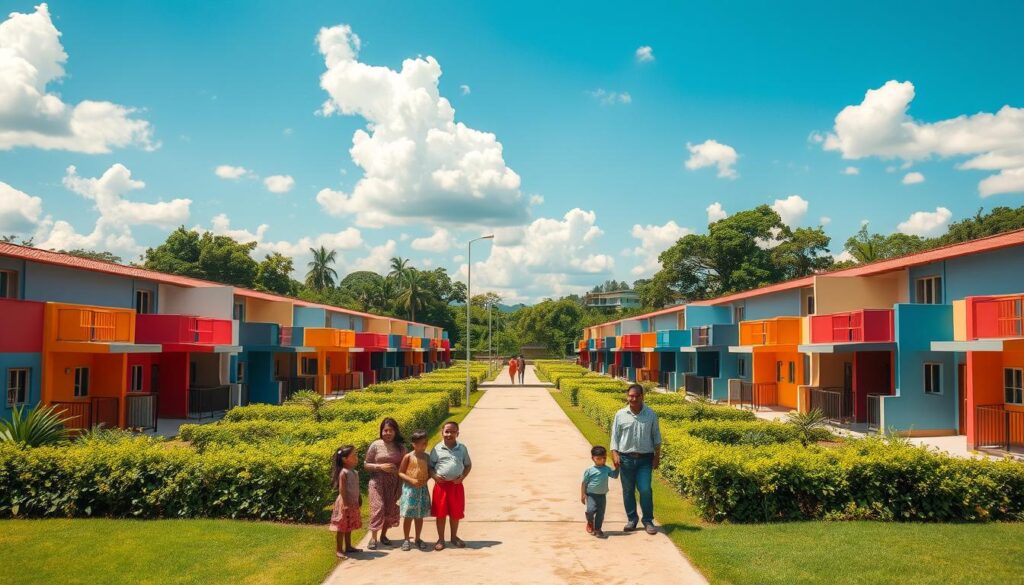 Faixas de renda Minha Casa Minha Vida: a serene and vibrant housing development with neatly arranged rows of colorful residential buildings against a backdrop of lush greenery. The foreground depicts a diverse array of families, their faces filled with joy and anticipation, standing before their new homes. The middle ground showcases the clean, modern architecture with well-manicured landscaping, while the background features a clear, azure sky dotted with fluffy white clouds. Warm, natural lighting bathes the scene, creating a sense of comfort and community. The overall atmosphere conveys the inclusivity and opportunity provided by the Minha Casa Minha Vida housing program. Faixas de renda Minha Casa Minha Vida: a serene and vibrant housing development with neatly arranged rows of colorful residential buildings against a backdrop of lush greenery. The foreground depicts a diverse array of families, their faces filled with joy and anticipation, standing before their new homes. The middle ground showcases the clean, modern architecture with well-manicured landscaping, while the background features a clear, azure sky dotted with fluffy white clouds. Warm, natural lighting bathes the scene, creating a sense of comfort and community. The overall atmosphere conveys the inclusivity and opportunity provided by the Minha Casa Minha Vida housing program.