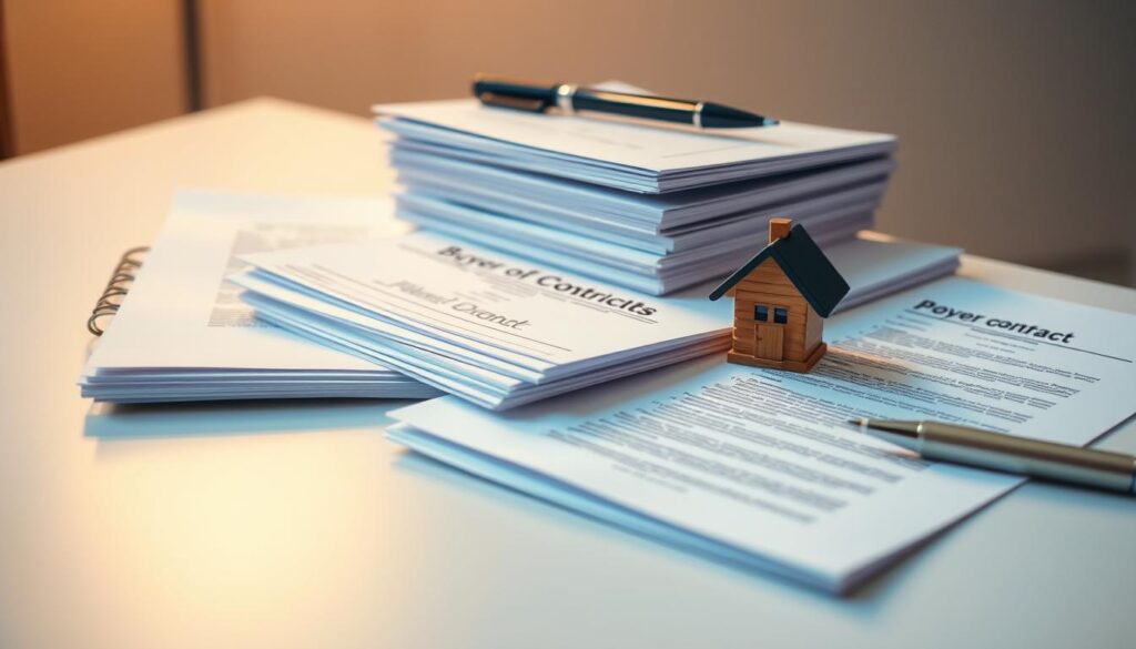 Groups of documents for real estate transaction - buyer, seller, and property. A well-organized composition showing a stack of official papers, forms, and contracts neatly arranged on a clean, minimalist desk. Warm, neutral lighting gently illuminates the documents, conveying a sense of professionalism and attention to detail. The documents are depicted with a shallow depth of field, keeping the focus on the central elements while hinting at a blurred, muted background. The overall atmosphere is one of precision, diligence, and the careful handling of important paperwork required for a real estate transaction. Groups of documents for real estate transaction - buyer, seller, and property. A well-organized composition showing a stack of official papers, forms, and contracts neatly arranged on a clean, minimalist desk. Warm, neutral lighting gently illuminates the documents, conveying a sense of professionalism and attention to detail. The documents are depicted with a shallow depth of field, keeping the focus on the central elements while hinting at a blurred, muted background. The overall atmosphere is one of precision, diligence, and the careful handling of important paperwork required for a real estate transaction.
