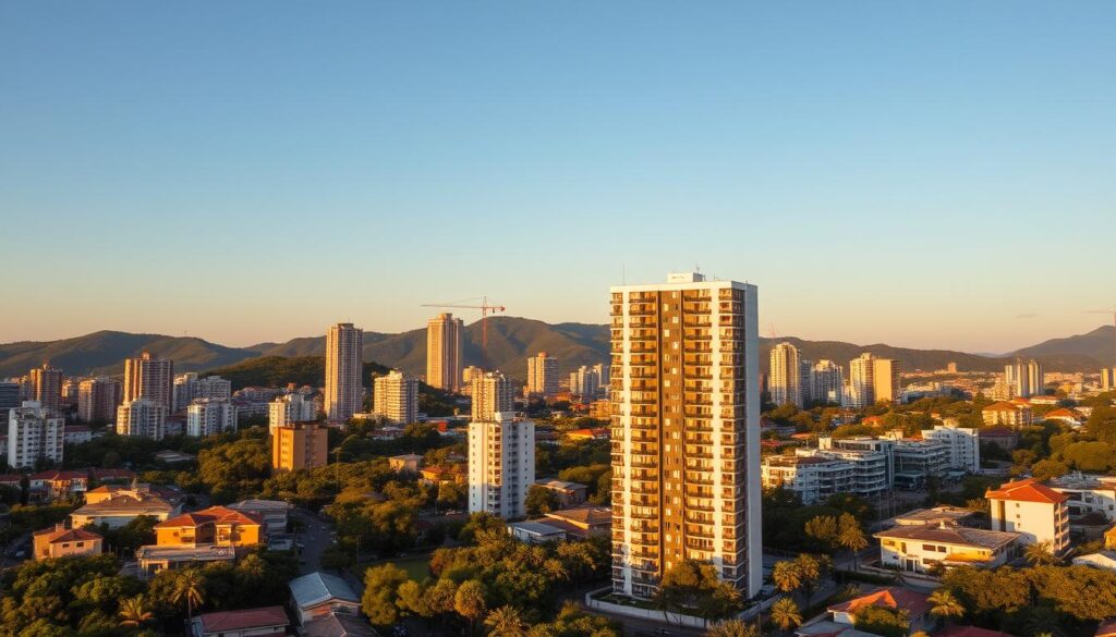 Maringá skyline with a variety of residential buildings, including high-rise apartments, townhouses, and single-family homes. The cityscape is illuminated by warm, golden sunlight, casting long shadows on the streets below. In the foreground, a modern apartment complex with sleek, minimalist design stands prominently, representing the types of investment properties available in the city. The middle ground features a mix of older and newer buildings, showcasing the diverse real estate options. In the background, the lush, green hills of Maringá's natural landscape provide a picturesque backdrop. The overall scene conveys the vibrant, thriving real estate market and the potential for profitable investments in the city. Maringá skyline with a variety of residential buildings, including high-rise apartments, townhouses, and single-family homes. The cityscape is illuminated by warm, golden sunlight, casting long shadows on the streets below. In the foreground, a modern apartment complex with sleek, minimalist design stands prominently, representing the types of investment properties available in the city. The middle ground features a mix of older and newer buildings, showcasing the diverse real estate options. In the background, the lush, green hills of Maringá's natural landscape provide a picturesque backdrop. The overall scene conveys the vibrant, thriving real estate market and the potential for profitable investments in the city.