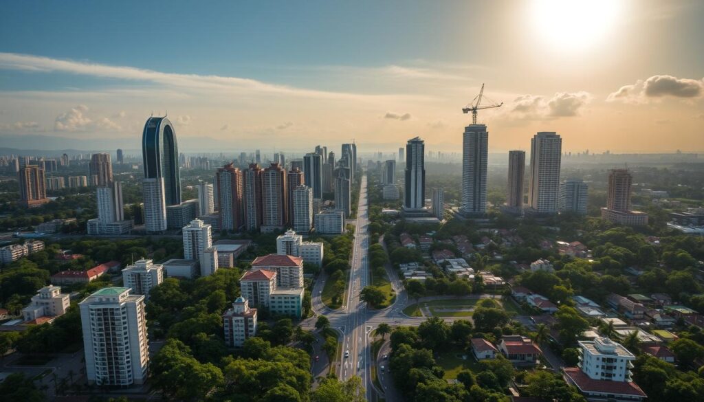Maringá's vibrant real estate growth, captured in a sweeping aerial vista. Towering high-rises dot the horizon, their sleek glass facades reflecting the sun's warm glow. In the foreground, bustling streets teeming with activity, as new residential developments rise, catering to the city's growing population. The middle ground reveals a tapestry of lush greenery, parks, and urban infrastructure, weaving together the old and the new. A sense of progress and modernity permeates the scene, hinting at Maringá's dynamic real estate landscape and its potential as an attractive investment destination. Maringá's vibrant real estate growth, captured in a sweeping aerial vista. Towering high-rises dot the horizon, their sleek glass facades reflecting the sun's warm glow. In the foreground, bustling streets teeming with activity, as new residential developments rise, catering to the city's growing population. The middle ground reveals a tapestry of lush greenery, parks, and urban infrastructure, weaving together the old and the new. A sense of progress and modernity permeates the scene, hinting at Maringá's dynamic real estate landscape and its potential as an attractive investment destination.