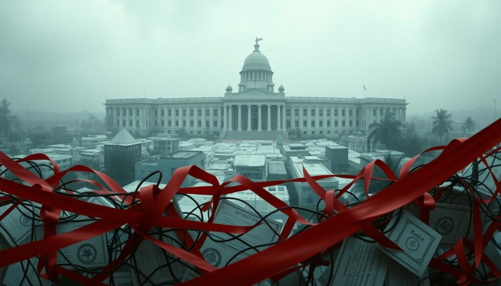 Panoramic view of a disjointed, abstract legal landscape. In the foreground, a tangled web of red tape and bureaucratic symbols symbolizing the complex web of legal requirements and restrictions around property registration and availability. In the middle ground, a maze of overlapping forms, stamps, and seals representing the various government agencies and databases involved. In the hazy background, an imposing, monolithic government building, its windows glinting with an air of inaccessibility. Dim, muted lighting casts an air of opacity and uncertainty over the scene. A sense of frustration and disempowerment pervades the image. Panoramic view of a disjointed, abstract legal landscape. In the foreground, a tangled web of red tape and bureaucratic symbols symbolizing the complex web of legal requirements and restrictions around property registration and availability. In the middle ground, a maze of overlapping forms, stamps, and seals representing the various government agencies and databases involved. In the hazy background, an imposing, monolithic government building, its windows glinting with an air of inaccessibility. Dim, muted lighting casts an air of opacity and uncertainty over the scene. A sense of frustration and disempowerment pervades the image.