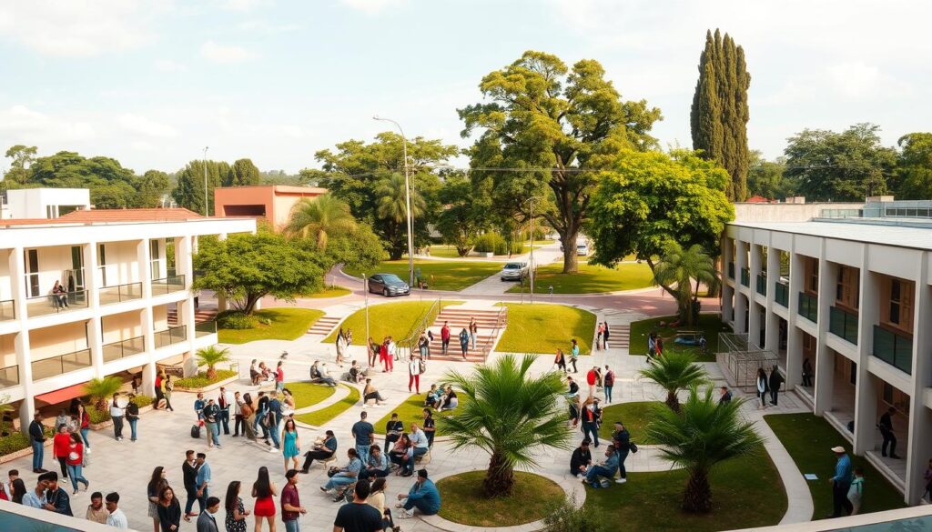Panoramic view of a vibrant university campus, with students engaged in various educational activities. The foreground depicts a bustling courtyard, with groups of students conversing, studying, and moving between buildings. The middle ground showcases modern architecture, featuring a mix of traditional and contemporary styles that characterize the campus. In the background, lush greenery and towering trees create a serene, park-like atmosphere, complementing the academic setting. Warm, natural lighting illuminates the scene, conveying a sense of productivity and intellectual exploration. The overall composition captures the dynamic and nurturing environment of higher education in Maringá. Panoramic view of a vibrant university campus, with students engaged in various educational activities. The foreground depicts a bustling courtyard, with groups of students conversing, studying, and moving between buildings. The middle ground showcases modern architecture, featuring a mix of traditional and contemporary styles that characterize the campus. In the background, lush greenery and towering trees create a serene, park-like atmosphere, complementing the academic setting. Warm, natural lighting illuminates the scene, conveying a sense of productivity and intellectual exploration. The overall composition captures the dynamic and nurturing environment of higher education in Maringá.
