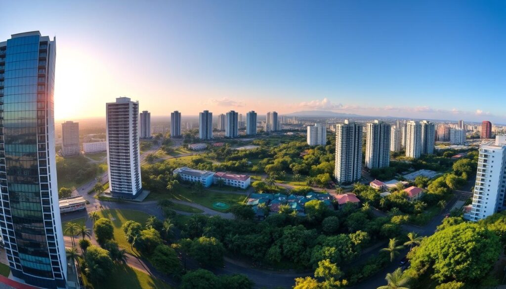 Panoramic view of a vibrant urban landscape in Maringá, Brazil. In the foreground, modern high-rise residential and commercial buildings stand tall, their sleek glass facades reflecting the warm sunlight. In the middle ground, lush greenery and landscaped parks provide a serene contrast, while in the distance, the silhouettes of more residential towers dot the skyline. The scene conveys a sense of dynamic growth and development, with a focus on thoughtful urban planning that balances the needs of the community. The image is captured with a wide-angle lens, emphasizing the scale and scope of the "empreendimentos" or real estate developments that are transforming the city. Panoramic view of a vibrant urban landscape in Maringá, Brazil. In the foreground, modern high-rise residential and commercial buildings stand tall, their sleek glass facades reflecting the warm sunlight. In the middle ground, lush greenery and landscaped parks provide a serene contrast, while in the distance, the silhouettes of more residential towers dot the skyline. The scene conveys a sense of dynamic growth and development, with a focus on thoughtful urban planning that balances the needs of the community. The image is captured with a wide-angle lens, emphasizing the scale and scope of the "empreendimentos" or real estate developments that are transforming the city.
