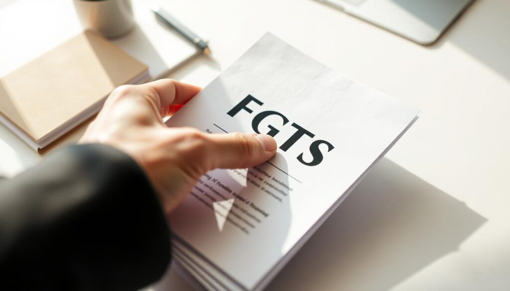 Prompt A close-up view of a person's hand holding official-looking documents, with the text "FGTS" clearly visible. The documents are placed on a clean, minimalist desk surface, bathed in soft, natural lighting. The focus is sharp, capturing the intricate details of the paperwork and the texture of the person's skin. The overall mood is one of calm and professionalism, reflecting the serious yet approachable nature of the subject matter. The background is slightly blurred, keeping the viewer's attention on the central elements of the image. Prompt A close-up view of a person's hand holding official-looking documents, with the text "FGTS" clearly visible. The documents are placed on a clean, minimalist desk surface, bathed in soft, natural lighting. The focus is sharp, capturing the intricate details of the paperwork and the texture of the person's skin. The overall mood is one of calm and professionalism, reflecting the serious yet approachable nature of the subject matter. The background is slightly blurred, keeping the viewer's attention on the central elements of the image.