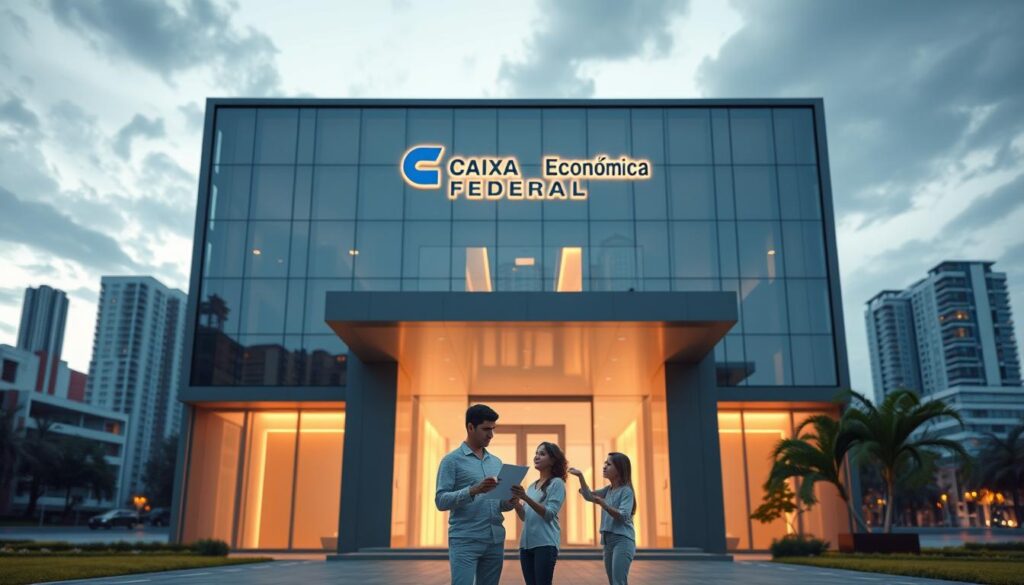 Prompt A detailed, photorealistic 3D render of the Caixa Econômica Federal building, set against a backdrop of a modern cityscape. The facade of the building is illuminated by warm, diffused lighting, highlighting its sleek, contemporary design. In the foreground, a family stands in front of the main entrance, examining documents related to a real estate transaction. The scene conveys a sense of financial security, stability, and the trustworthiness of the Caixa Econômica Federal as a reliable partner in the home-buying process. The composition emphasizes the prominent role of the Caixa Econômica Federal in the Brazilian real estate market. Prompt A detailed, photorealistic 3D render of the Caixa Econômica Federal building, set against a backdrop of a modern cityscape. The facade of the building is illuminated by warm, diffused lighting, highlighting its sleek, contemporary design. In the foreground, a family stands in front of the main entrance, examining documents related to a real estate transaction. The scene conveys a sense of financial security, stability, and the trustworthiness of the Caixa Econômica Federal as a reliable partner in the home-buying process. The composition emphasizes the prominent role of the Caixa Econômica Federal in the Brazilian real estate market.