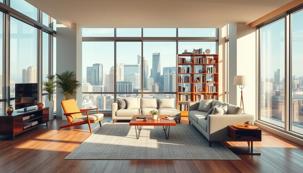 Prompt A spacious, modern apartment interior with large windows overlooking a bustling city skyline. The living room is bathed in warm, natural light, creating a cozy and inviting atmosphere. A stylish, minimalist couch and armchair are arranged around a low, wooden coffee table, suggesting a comfortable and relaxing space. In the background, a floor-to-ceiling bookshelf showcases a variety of books and decorative items, adding a touch of sophistication. The overall scene conveys a sense of possibility and the potential to create a comfortable, personalized living space without the need for a large down payment. Prompt A spacious, modern apartment interior with large windows overlooking a bustling city skyline. The living room is bathed in warm, natural light, creating a cozy and inviting atmosphere. A stylish, minimalist couch and armchair are arranged around a low, wooden coffee table, suggesting a comfortable and relaxing space. In the background, a floor-to-ceiling bookshelf showcases a variety of books and decorative items, adding a touch of sophistication. The overall scene conveys a sense of possibility and the potential to create a comfortable, personalized living space without the need for a large down payment.
