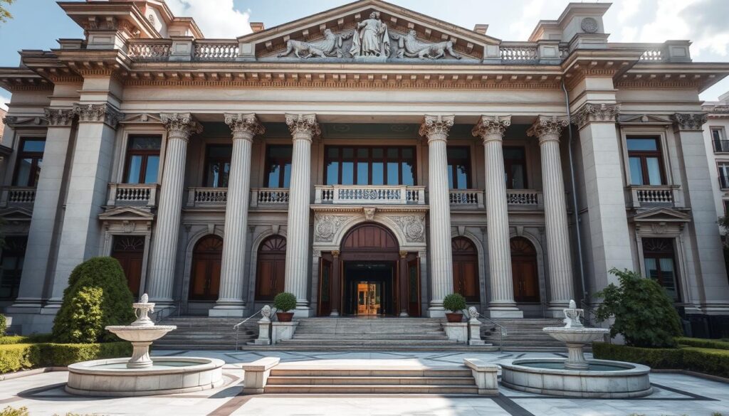 Registro de imóveis: a stately building with grand, classical architecture, featuring ornate columns, intricate stonework, and large, arched entryways. The structure sits atop a small hill, casting a regal presence over the surrounding neighborhood. Sunlight filters through the windows, illuminating the interior's polished marble floors and wooden paneled walls. A sense of history and authority emanates from this institution, underscoring the importance of its role in real estate transactions and property ownership records. Carefully manicured gardens and fountains flank the main entrance, creating a serene and professional atmosphere. The overall impression is one of stability, permanence, and the gravitas associated with the official proceedings that take place within. Registro de imóveis: a stately building with grand, classical architecture, featuring ornate columns, intricate stonework, and large, arched entryways. The structure sits atop a small hill, casting a regal presence over the surrounding neighborhood. Sunlight filters through the windows, illuminating the interior's polished marble floors and wooden paneled walls. A sense of history and authority emanates from this institution, underscoring the importance of its role in real estate transactions and property ownership records. Carefully manicured gardens and fountains flank the main entrance, creating a serene and professional atmosphere. The overall impression is one of stability, permanence, and the gravitas associated with the official proceedings that take place within.