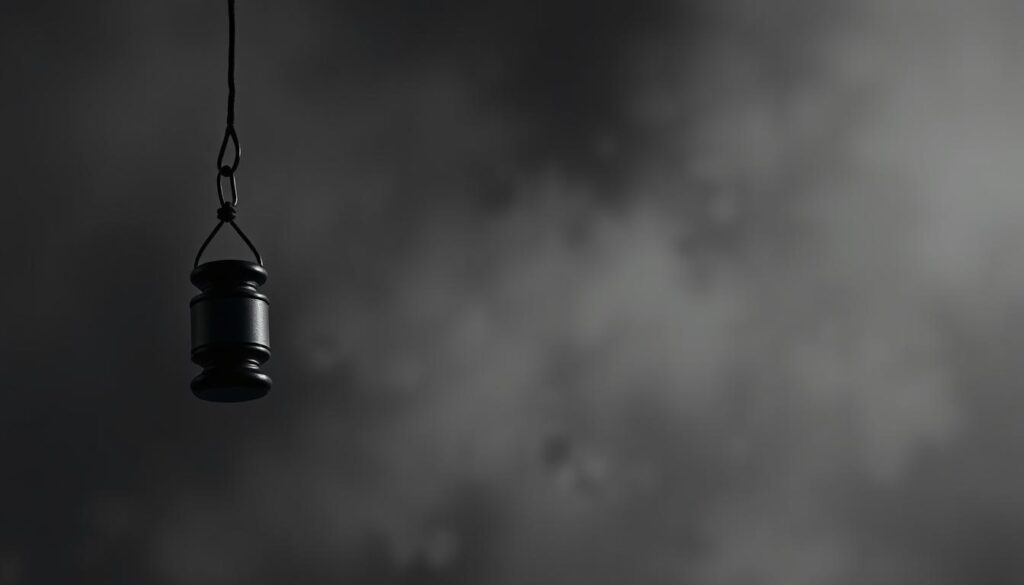 Somber and ominous digital illustration of a legal gavel suspended in a hazy, gray environment, symbolizing the concept of "decretada indisponibilidade de bens". The gavel casts a long, dark shadow, conveying a sense of gravity and restriction. The background is a muted, desaturated palette, creating an atmosphere of uncertainty and unease. The composition is balanced, with the gavel positioned centrally, commanding attention. Subtle lighting from an unseen source casts dramatic shadows, enhancing the sense of weight and foreboding. The overall aesthetic is one of judicial authority and the forceful seizure of assets, reflecting the meaning of the term "indisponibilidade". Somber and ominous digital illustration of a legal gavel suspended in a hazy, gray environment, symbolizing the concept of "decretada indisponibilidade de bens". The gavel casts a long, dark shadow, conveying a sense of gravity and restriction. The background is a muted, desaturated palette, creating an atmosphere of uncertainty and unease. The composition is balanced, with the gavel positioned centrally, commanding attention. Subtle lighting from an unseen source casts dramatic shadows, enhancing the sense of weight and foreboding. The overall aesthetic is one of judicial authority and the forceful seizure of assets, reflecting the meaning of the term "indisponibilidade".