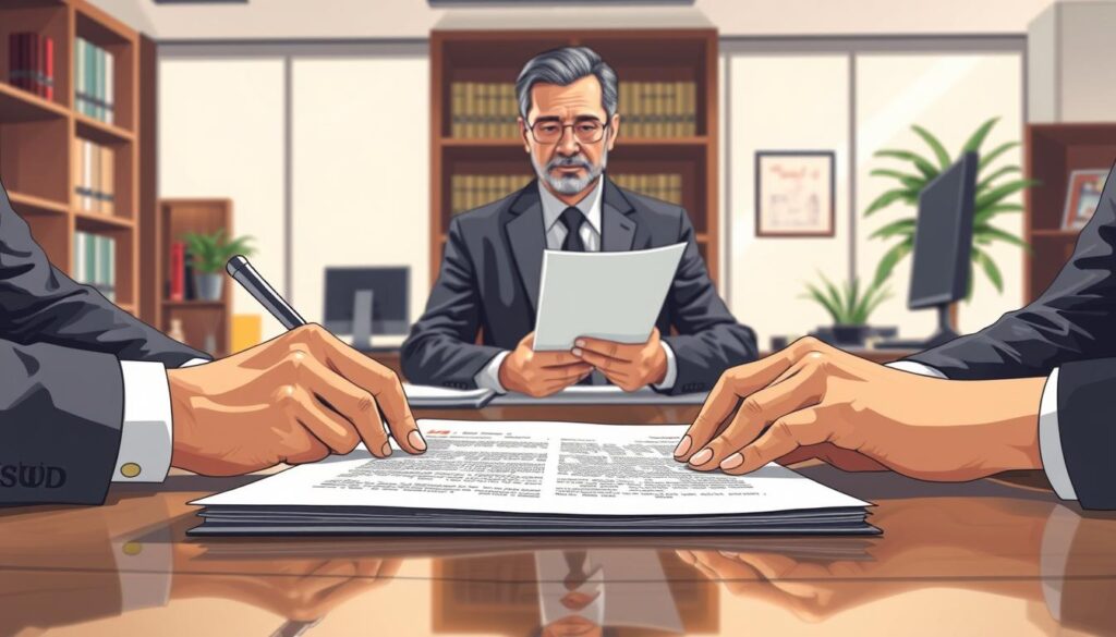 Transferência registro: a detailed illustration of a real estate transfer deed being signed, with a notary public overseeing the process. Set in a modern, well-lit office environment, the scene captures the legal formalities and administrative procedures involved in officially transferring property ownership. The foreground features the hands of the parties signing the document, while the middle ground shows the notary's watchful gaze. The background showcases bookshelves, a computer, and other professional accoutrements, conveying the official, institutional nature of the transaction. The overall mood is one of solemnity and importance, reflecting the gravity of the legal process depicted. Transferência registro: a detailed illustration of a real estate transfer deed being signed, with a notary public overseeing the process. Set in a modern, well-lit office environment, the scene captures the legal formalities and administrative procedures involved in officially transferring property ownership. The foreground features the hands of the parties signing the document, while the middle ground shows the notary's watchful gaze. The background showcases bookshelves, a computer, and other professional accoutrements, conveying the official, institutional nature of the transaction. The overall mood is one of solemnity and importance, reflecting the gravity of the legal process depicted.