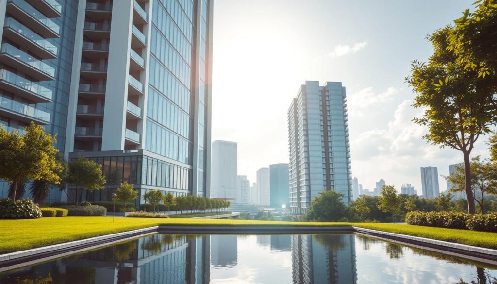 Valorização lançamentos: a modern high-rise apartment building with sleek, angular architecture, set against a backdrop of lush greenery and a vibrant urban skyline. Sunlight filters through expansive glass windows, illuminating the building's clean lines and sophisticated design. In the foreground, a well-manicured lawn and a water feature reflect the building's elegant form, creating a harmonious and inviting atmosphere. The overall scene conveys a sense of growth, investment, and the promise of a comfortable, high-quality living experience. Valorização lançamentos: a modern high-rise apartment building with sleek, angular architecture, set against a backdrop of lush greenery and a vibrant urban skyline. Sunlight filters through expansive glass windows, illuminating the building's clean lines and sophisticated design. In the foreground, a well-manicured lawn and a water feature reflect the building's elegant form, creating a harmonious and inviting atmosphere. The overall scene conveys a sense of growth, investment, and the promise of a comfortable, high-quality living experience.