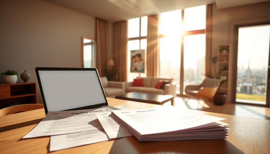 Warm, inviting interior of a modern apartment with large windows overlooking a city skyline. Sunlight streams in, casting a soft glow on the clean, minimalist decor. In the foreground, a desk with a laptop and neatly organized documents, representing the eligibility criteria for the Minha Casa Minha Vida program. Behind it, a comfortable sofa and armchair, suggesting a welcoming living space. The color palette is muted, with earthy tones and natural materials, creating a sense of calm and homeliness. The overall atmosphere conveys the accessibility and inclusivity of the housing program. Warm, inviting interior of a modern apartment with large windows overlooking a city skyline. Sunlight streams in, casting a soft glow on the clean, minimalist decor. In the foreground, a desk with a laptop and neatly organized documents, representing the eligibility criteria for the Minha Casa Minha Vida program. Behind it, a comfortable sofa and armchair, suggesting a welcoming living space. The color palette is muted, with earthy tones and natural materials, creating a sense of calm and homeliness. The overall atmosphere conveys the accessibility and inclusivity of the housing program.