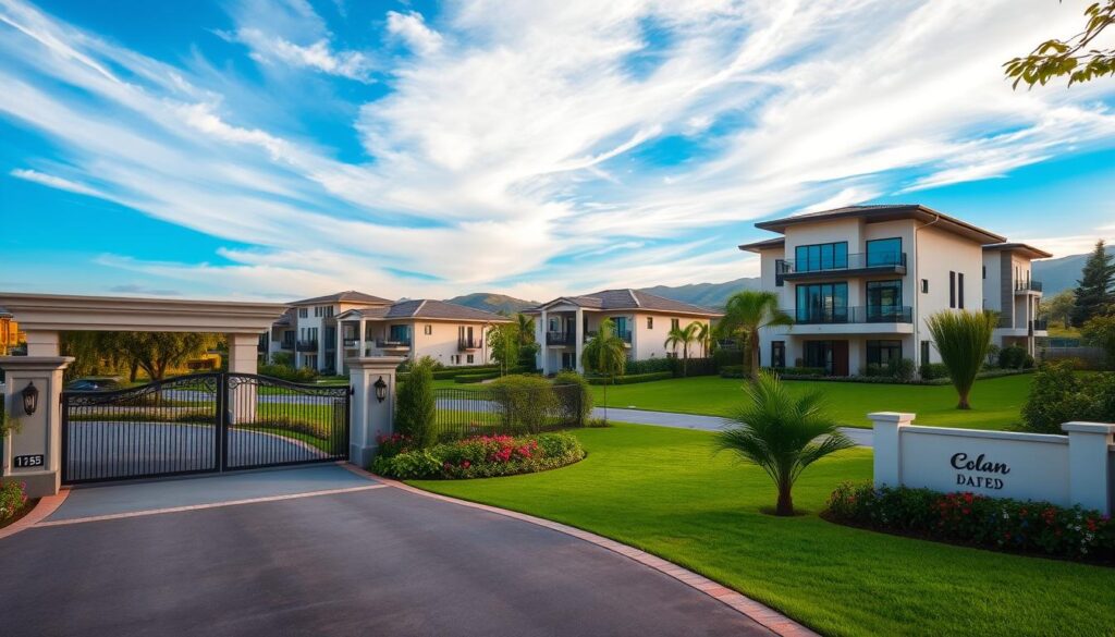 A beautiful gated community in Maringá, showcasing modern houses surrounded by lush greenery. In the foreground, a well-maintained entrance gate with elegant architecture and a pathway lined with flowering plants. The middle ground features various upscale homes with spacious lawns, large windows, and balconies, embodying contemporary designs. In the background, distant views of the rolling hills and vibrant blue sky add depth to the scene. Soft, warm lighting suggests late afternoon, creating a welcoming and serene atmosphere. The image should capture a sense of peace and community, emphasizing the benefits of living in a closed condominium, ideal for families and individuals looking to build their dream homes. A beautiful gated community in Maringá, showcasing modern houses surrounded by lush greenery. In the foreground, a well-maintained entrance gate with elegant architecture and a pathway lined with flowering plants. The middle ground features various upscale homes with spacious lawns, large windows, and balconies, embodying contemporary designs. In the background, distant views of the rolling hills and vibrant blue sky add depth to the scene. Soft, warm lighting suggests late afternoon, creating a welcoming and serene atmosphere. The image should capture a sense of peace and community, emphasizing the benefits of living in a closed condominium, ideal for families and individuals looking to build their dream homes.