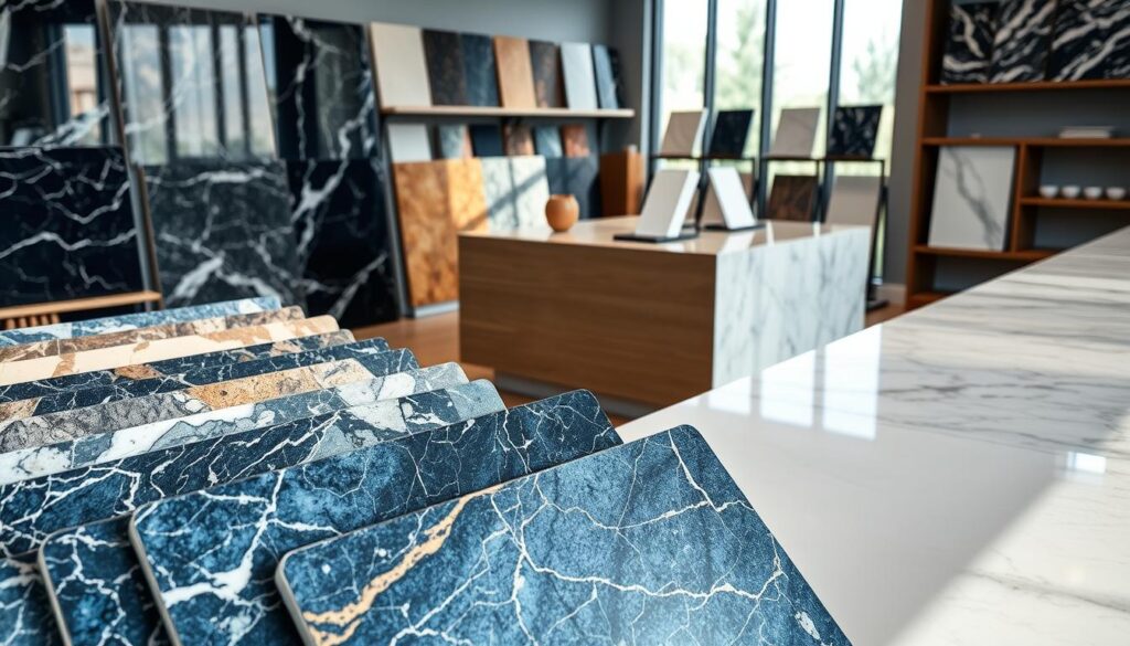 A beautifully arranged collection of polished marbles and granites displayed in a well-lit, modern showroom. In the foreground, showcase a variety of vibrant marble and granite samples in rich hues like deep blues, striking blacks, and sandy beiges, with visible textures and patterns. The middle ground features a sleek countertop made from an elegant marble, reflecting light softly, alongside a sample display stand. The background includes shelves filled with additional stone varieties and natural light filtering through large windows, creating a warm, inviting atmosphere. The overall mood is sophisticated and professional, emphasizing the beauty and versatility of these materials in home decor and design. A beautifully arranged collection of polished marbles and granites displayed in a well-lit, modern showroom. In the foreground, showcase a variety of vibrant marble and granite samples in rich hues like deep blues, striking blacks, and sandy beiges, with visible textures and patterns. The middle ground features a sleek countertop made from an elegant marble, reflecting light softly, alongside a sample display stand. The background includes shelves filled with additional stone varieties and natural light filtering through large windows, creating a warm, inviting atmosphere. The overall mood is sophisticated and professional, emphasizing the beauty and versatility of these materials in home decor and design.