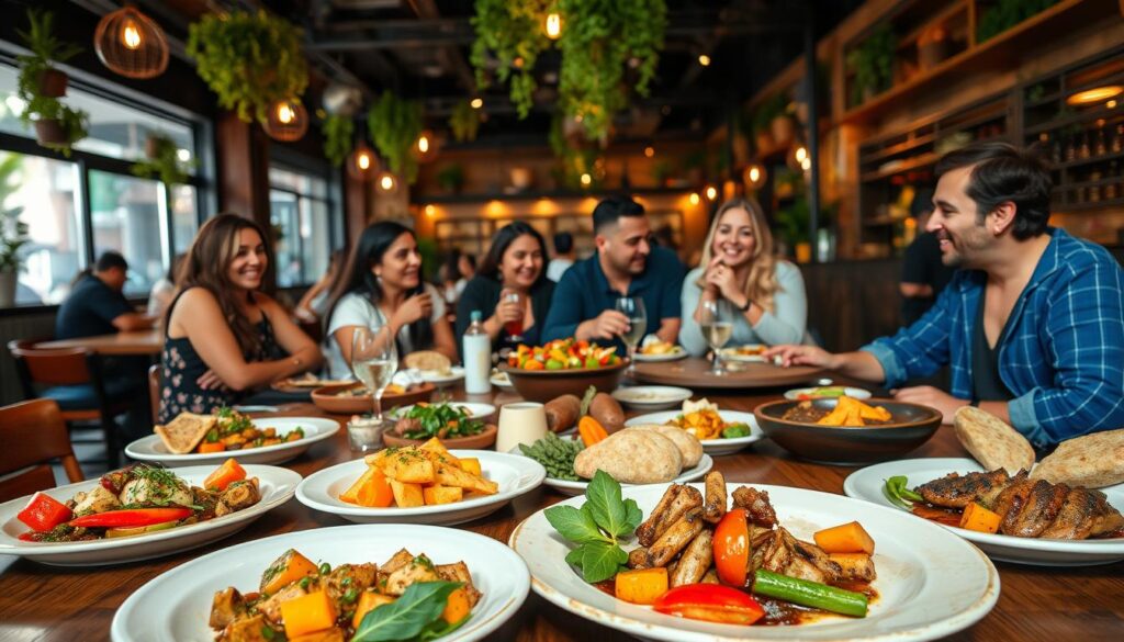 A beautifully arranged table set for a culinary experience in Jd. Aclimação, São Paulo. In the foreground, vibrant dishes featuring a mix of Brazilian and international cuisines, showcasing fresh ingredients like colorful vegetables, grilled meats, and artisanal bread, all placed elegantly on a rustic wooden table. The middle ground features a group of diverse diners in modest casual attire, joyfully enjoying their meals and engaging in conversation, reflecting a sense of community and celebration. In the background, a warm and inviting ambiance with soft, ambient lighting, hanging plants and tasteful decor from local restaurants, creating a captivating dining environment. The angle captures the scene from a slightly elevated perspective, enhancing the inviting atmosphere of this gastronomic destination. A beautifully arranged table set for a culinary experience in Jd. Aclimação, São Paulo. In the foreground, vibrant dishes featuring a mix of Brazilian and international cuisines, showcasing fresh ingredients like colorful vegetables, grilled meats, and artisanal bread, all placed elegantly on a rustic wooden table. The middle ground features a group of diverse diners in modest casual attire, joyfully enjoying their meals and engaging in conversation, reflecting a sense of community and celebration. In the background, a warm and inviting ambiance with soft, ambient lighting, hanging plants and tasteful decor from local restaurants, creating a captivating dining environment. The angle captures the scene from a slightly elevated perspective, enhancing the inviting atmosphere of this gastronomic destination.