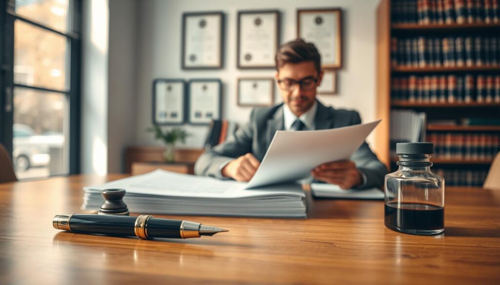 A beautifully arranged wooden desk in a well-lit office setting serves as the foreground, showcasing an elegant fountain pen, a stack of neatly organized legal documents, and an ink bottle, all symbolizing the concept of escritura pública. In the middle ground, a professional, dressed in business attire, is seen thoughtfully reviewing the documents, with a focused expression, embodying the importance of careful legal procedures. The background features a wall with framed certifications and a soft-focus bookshelf filled with law books, contributing to an atmosphere of professionalism and seriousness. Warm, natural light filters through a nearby window, casting gentle shadows and creating a welcoming yet authoritative mood. The angle is slightly above eye level, providing a clear view of the documents and the person’s engagement with them. A beautifully arranged wooden desk in a well-lit office setting serves as the foreground, showcasing an elegant fountain pen, a stack of neatly organized legal documents, and an ink bottle, all symbolizing the concept of escritura pública. In the middle ground, a professional, dressed in business attire, is seen thoughtfully reviewing the documents, with a focused expression, embodying the importance of careful legal procedures. The background features a wall with framed certifications and a soft-focus bookshelf filled with law books, contributing to an atmosphere of professionalism and seriousness. Warm, natural light filters through a nearby window, casting gentle shadows and creating a welcoming yet authoritative mood. The angle is slightly above eye level, providing a clear view of the documents and the person’s engagement with them.