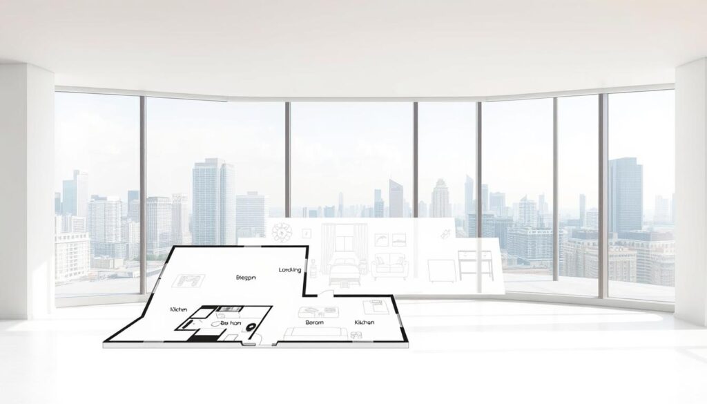 A beautifully designed apartment floor plan layout, displayed on a clean white background. The foreground features a detailed rendered view of the floor plan, showcasing various rooms like a living room, kitchen, bedroom, and bathroom. Include labels on the rooms in an elegant font, ensuring they are clear but not intrusive. The middle ground showcases sketches in soft pastel colors, representing furniture placement and interior design elements. In the background, a modern city skyline is visible through large windows, implying urban living. Soft, natural lighting enhances the atmosphere, creating a bright and inviting feel. The composition emphasizes both the layout and the potential for personalization, inspiring a sense of possibility and investment in a new property. A beautifully designed apartment floor plan layout, displayed on a clean white background. The foreground features a detailed rendered view of the floor plan, showcasing various rooms like a living room, kitchen, bedroom, and bathroom. Include labels on the rooms in an elegant font, ensuring they are clear but not intrusive. The middle ground showcases sketches in soft pastel colors, representing furniture placement and interior design elements. In the background, a modern city skyline is visible through large windows, implying urban living. Soft, natural lighting enhances the atmosphere, creating a bright and inviting feel. The composition emphasizes both the layout and the potential for personalization, inspiring a sense of possibility and investment in a new property.