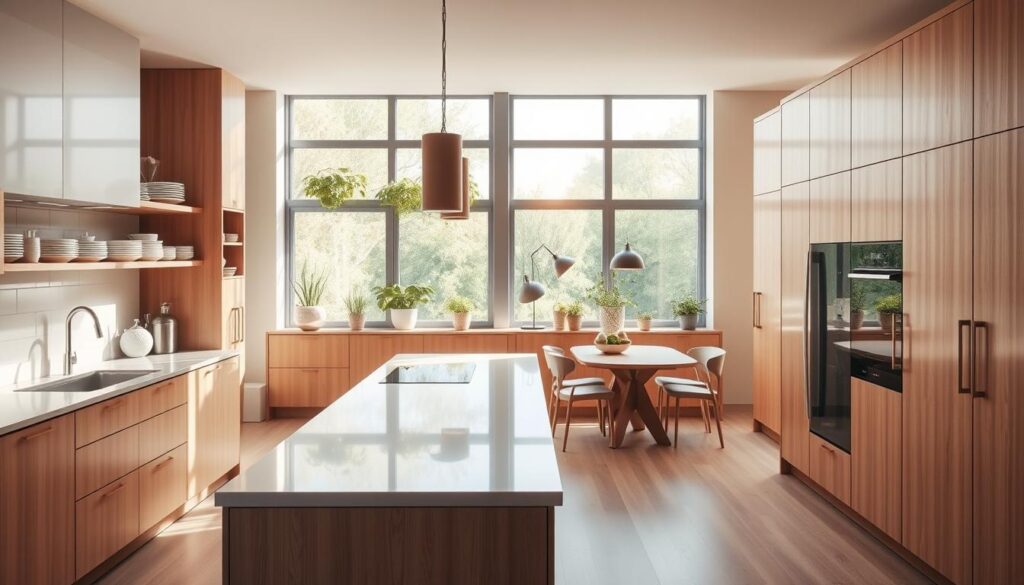 A beautifully designed modern kitchen, showcasing sleek cabinetry in a warm, neutral palette. In the foreground, a well-organized kitchen island with a glossy countertop, equipped with high-end appliances and minimalist decor. The middle ground features open shelving displaying stylish dishware, while a dining area with a wooden table invites social gatherings. Natural light floods the space through large windows, creating a bright and inviting atmosphere. The background includes potted herbs on a windowsill, adding a touch of greenery to the design. The image should have a professional feel, captured from a slightly elevated angle to emphasize the layout and space. The mood is fresh, contemporary, and conducive to evaluating property listings. A beautifully designed modern kitchen, showcasing sleek cabinetry in a warm, neutral palette. In the foreground, a well-organized kitchen island with a glossy countertop, equipped with high-end appliances and minimalist decor. The middle ground features open shelving displaying stylish dishware, while a dining area with a wooden table invites social gatherings. Natural light floods the space through large windows, creating a bright and inviting atmosphere. The background includes potted herbs on a windowsill, adding a touch of greenery to the design. The image should have a professional feel, captured from a slightly elevated angle to emphasize the layout and space. The mood is fresh, contemporary, and conducive to evaluating property listings.