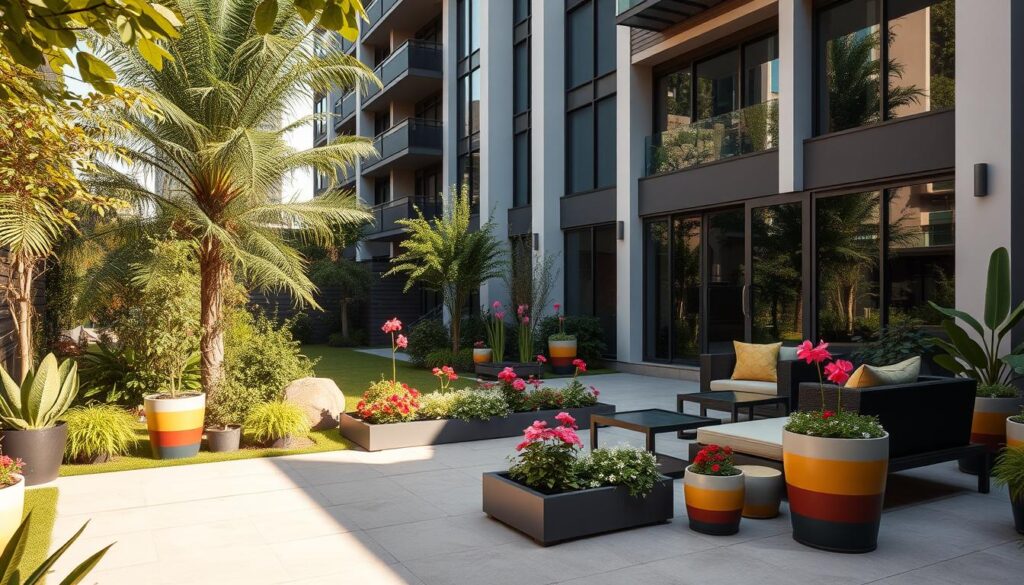 A beautifully designed outdoor garden space in a modern apartment complex in Maringá, featuring lush greenery, flowering plants, and a cozy patio area. In the foreground, a well-arranged seating area with stylish outdoor furniture invites relaxation. The middle ground showcases a small ornamental garden, vibrant flowers, and decorative planters adding color vibrancy. The background includes a sleek, contemporary building with large glass windows reflecting the sunlight. Soft, natural lighting enhances the tranquil atmosphere, creating a warm and inviting mood, suggesting a perfect balance of urban living and nature. The scene is framed from a slightly elevated angle, allowing a comprehensive view of this serene outdoor oasis. A beautifully designed outdoor garden space in a modern apartment complex in Maringá, featuring lush greenery, flowering plants, and a cozy patio area. In the foreground, a well-arranged seating area with stylish outdoor furniture invites relaxation. The middle ground showcases a small ornamental garden, vibrant flowers, and decorative planters adding color vibrancy. The background includes a sleek, contemporary building with large glass windows reflecting the sunlight. Soft, natural lighting enhances the tranquil atmosphere, creating a warm and inviting mood, suggesting a perfect balance of urban living and nature. The scene is framed from a slightly elevated angle, allowing a comprehensive view of this serene outdoor oasis.