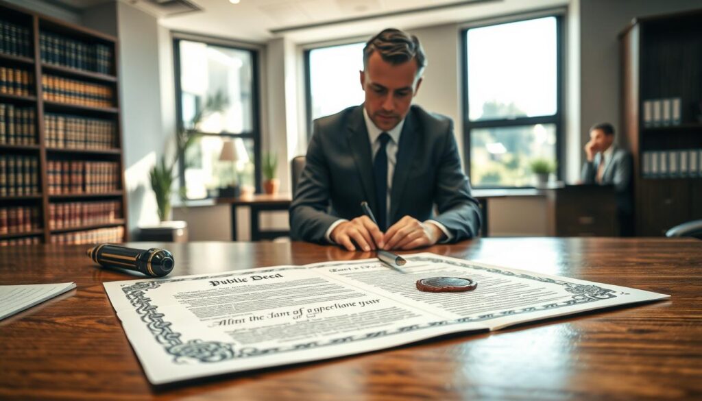 A beautifully detailed office scene illustrating a public deed being signed. In the foreground, a polished wooden table displays an open legal document, elegantly styled with ornate borders and a wax seal. Beside it, a stylish pen, half-inked, waits for signature. In the middle ground, a serious-looking professional in a tailored suit sits attentively, reviewing the document, whilst a second business partner leans in, engaged in discussion. The background reveals a well-lit office with shelves of law books, soft overhead lighting, and large windows showing a bright, sunny day outside. The atmosphere conveys professionalism and trust, emphasizing the importance of legal security. The image is shot from a slight angle to capture the details of both the document and the individuals involved. A beautifully detailed office scene illustrating a public deed being signed. In the foreground, a polished wooden table displays an open legal document, elegantly styled with ornate borders and a wax seal. Beside it, a stylish pen, half-inked, waits for signature. In the middle ground, a serious-looking professional in a tailored suit sits attentively, reviewing the document, whilst a second business partner leans in, engaged in discussion. The background reveals a well-lit office with shelves of law books, soft overhead lighting, and large windows showing a bright, sunny day outside. The atmosphere conveys professionalism and trust, emphasizing the importance of legal security. The image is shot from a slight angle to capture the details of both the document and the individuals involved.