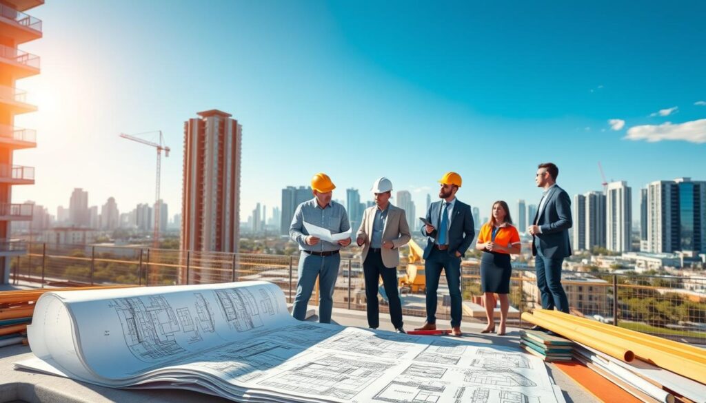 A beautifully staged scene of a modern apartment building under construction, showcasing fresh architectural blueprints and vibrant construction materials in the foreground. In the middle, skilled workers and professionals, dressed in smart casual attire, are discussing plans while surveying the site, highlighting collaboration and focus on quality. The background features a skyline of a bustling city, with clear blue skies and soft sunlight casting warm shadows, creating an inviting atmosphere. The scene is captured with a wide-angle lens to emphasize the scale of the construction, with bright, natural lighting enhancing the optimism of new beginnings. The overall mood reflects professionalism and excitement about future living spaces. A beautifully staged scene of a modern apartment building under construction, showcasing fresh architectural blueprints and vibrant construction materials in the foreground. In the middle, skilled workers and professionals, dressed in smart casual attire, are discussing plans while surveying the site, highlighting collaboration and focus on quality. The background features a skyline of a bustling city, with clear blue skies and soft sunlight casting warm shadows, creating an inviting atmosphere. The scene is captured with a wide-angle lens to emphasize the scale of the construction, with bright, natural lighting enhancing the optimism of new beginnings. The overall mood reflects professionalism and excitement about future living spaces.
