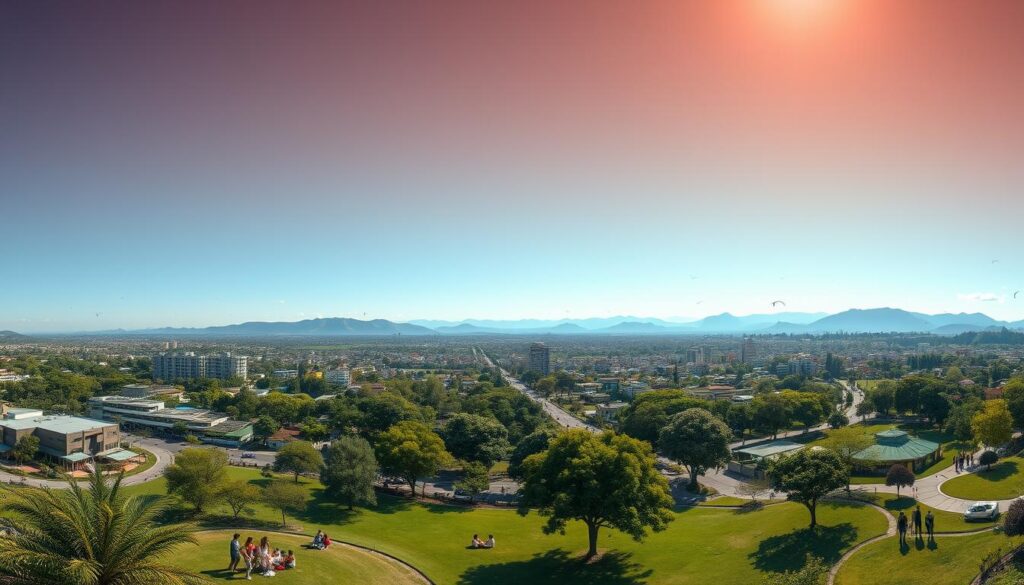 A breathtaking panorama of Mandaguari, Brazil, showcasing its vibrant cityscape. In the foreground, include lush green parks with families enjoying leisure activities, creating a sense of community. The middle ground features modern residential buildings and charming streets filled with trees, while the background reveals distant rolling hills under a clear blue sky, illuminated by soft, warm sunlight. Incorporate subtle details like birds in flight and people walking, dressed in professional business attire and modest casual clothing, to convey a lively yet serene atmosphere. Capture this wide-angle view with a slight upward tilt, emphasizing the city’s welcoming charm and natural beauty, evoking an inviting mood that's ideal for families seeking a new home. A breathtaking panorama of Mandaguari, Brazil, showcasing its vibrant cityscape. In the foreground, include lush green parks with families enjoying leisure activities, creating a sense of community. The middle ground features modern residential buildings and charming streets filled with trees, while the background reveals distant rolling hills under a clear blue sky, illuminated by soft, warm sunlight. Incorporate subtle details like birds in flight and people walking, dressed in professional business attire and modest casual clothing, to convey a lively yet serene atmosphere. Capture this wide-angle view with a slight upward tilt, emphasizing the city’s welcoming charm and natural beauty, evoking an inviting mood that's ideal for families seeking a new home.