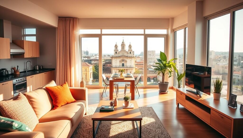 A bright, inviting apartment in Maringá, showcasing a spacious living room. In the foreground, a comfortable sofa adorned with colorful cushions, a coffee table with a few decor items, and large windows that let in warm sunlight. In the middle, a stylish kitchen area with modern appliances, a dining table set for two, and potted plants adding a touch of greenery. The background reveals a vibrant cityscape of Maringá with distinctive architectural elements, including the iconic Cathedral of Maringá in the distance. The scene captures a sense of warmth and homeliness, illuminated by soft, natural lighting reflecting a friendly atmosphere suitable for prospective renters. The angle is eye-level, creating a welcoming perspective without any people depicted. A bright, inviting apartment in Maringá, showcasing a spacious living room. In the foreground, a comfortable sofa adorned with colorful cushions, a coffee table with a few decor items, and large windows that let in warm sunlight. In the middle, a stylish kitchen area with modern appliances, a dining table set for two, and potted plants adding a touch of greenery. The background reveals a vibrant cityscape of Maringá with distinctive architectural elements, including the iconic Cathedral of Maringá in the distance. The scene captures a sense of warmth and homeliness, illuminated by soft, natural lighting reflecting a friendly atmosphere suitable for prospective renters. The angle is eye-level, creating a welcoming perspective without any people depicted.