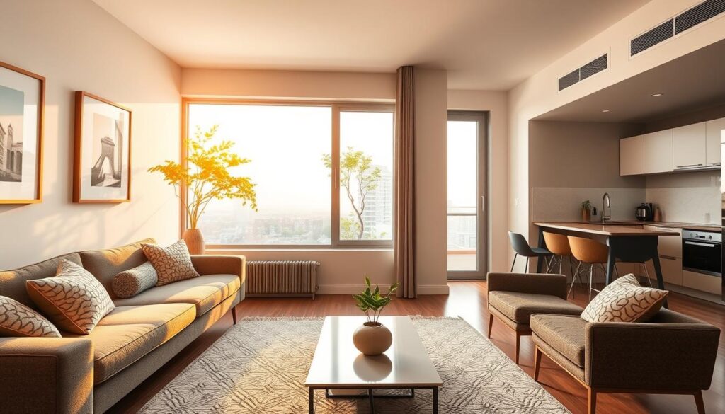 A bright, modern living room of a two-bedroom apartment in Maringá, Brazil. The foreground features a stylish sofa with decorative cushions, a coffee table with a small plant, and a cozy rug. In the middle, large windows let in warm natural light, showcasing a view of the city skyline and green trees outside. The walls are painted in soft, neutral colors, adorned with minimalistic artwork. The background shows a sleek kitchenette with stainless steel appliances and a dining area. The atmosphere is inviting and contemporary, emphasizing a sense of comfort and warmth. Capture this scene with a wide-angle lens to highlight the spaciousness, and use soft, ambient lighting to create a welcoming mood. No people present. A bright, modern living room of a two-bedroom apartment in Maringá, Brazil. The foreground features a stylish sofa with decorative cushions, a coffee table with a small plant, and a cozy rug. In the middle, large windows let in warm natural light, showcasing a view of the city skyline and green trees outside. The walls are painted in soft, neutral colors, adorned with minimalistic artwork. The background shows a sleek kitchenette with stainless steel appliances and a dining area. The atmosphere is inviting and contemporary, emphasizing a sense of comfort and warmth. Capture this scene with a wide-angle lens to highlight the spaciousness, and use soft, ambient lighting to create a welcoming mood. No people present.