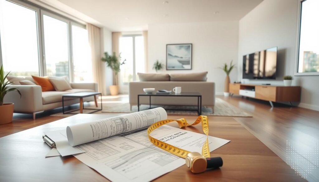 A bright, professional interior of a stylish apartment, focusing on a well-lit living room with modern furnishings. In the foreground, a meticulously arranged coffee table with architectural plans, a clipboard, and a measuring tape to suggest initial evaluation. In the middle ground, a sofa and a sleek entertainment unit, showcasing tasteful decor. The background features large windows allowing natural light to flood the space, enhancing the airy atmosphere. The mood is optimistic and inviting, with warm colors and soft textures creating a sense of comfort. The camera angle is slightly elevated, allowing a comprehensive view of the room layout to emphasize space and functionality. The lighting is bright and even, conveying a sense of clarity and purpose in the evaluation process. A bright, professional interior of a stylish apartment, focusing on a well-lit living room with modern furnishings. In the foreground, a meticulously arranged coffee table with architectural plans, a clipboard, and a measuring tape to suggest initial evaluation. In the middle ground, a sofa and a sleek entertainment unit, showcasing tasteful decor. The background features large windows allowing natural light to flood the space, enhancing the airy atmosphere. The mood is optimistic and inviting, with warm colors and soft textures creating a sense of comfort. The camera angle is slightly elevated, allowing a comprehensive view of the room layout to emphasize space and functionality. The lighting is bright and even, conveying a sense of clarity and purpose in the evaluation process.
